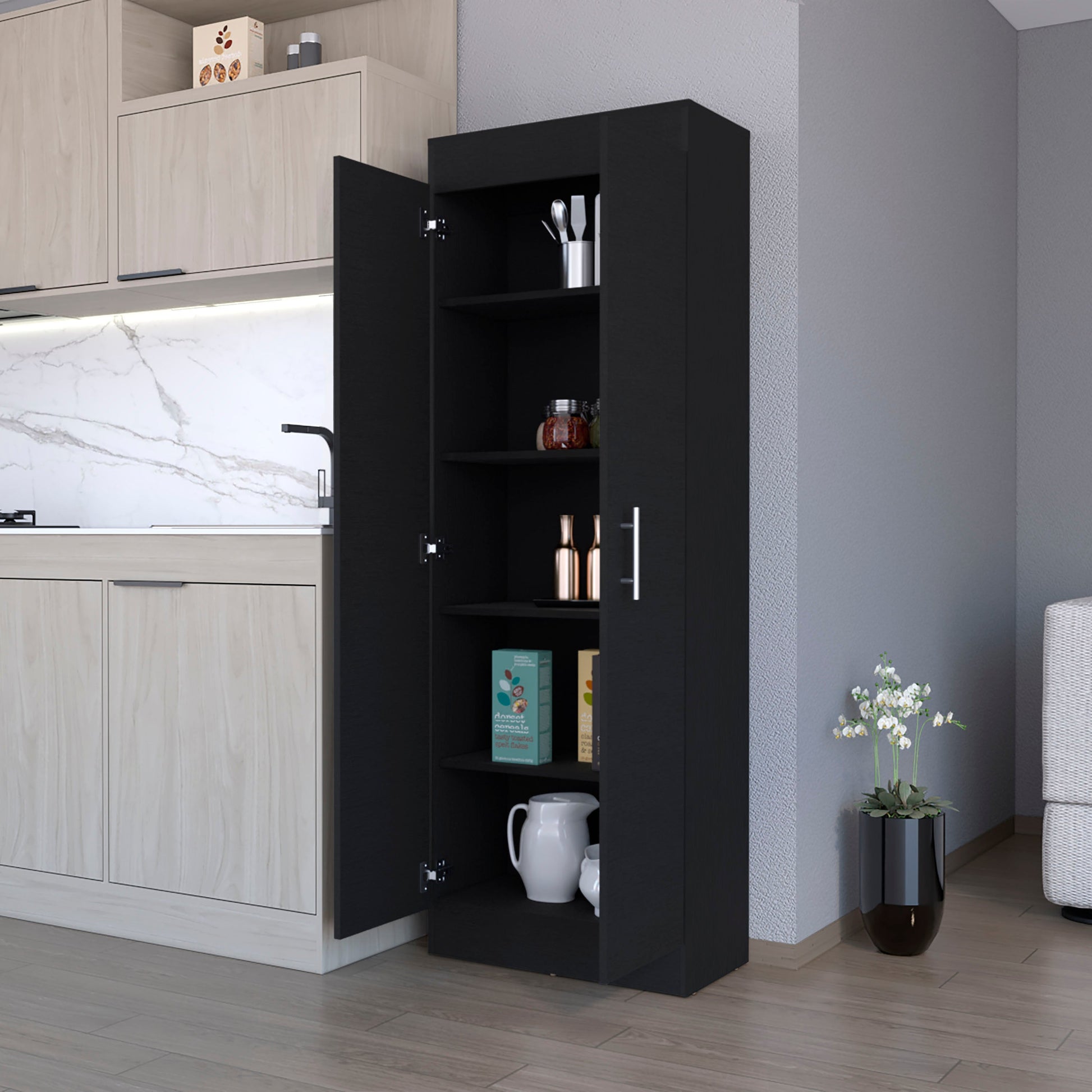 Black 5 Shelf Storage Pantry Cabinet Black Kitchen Shelves Included Wood