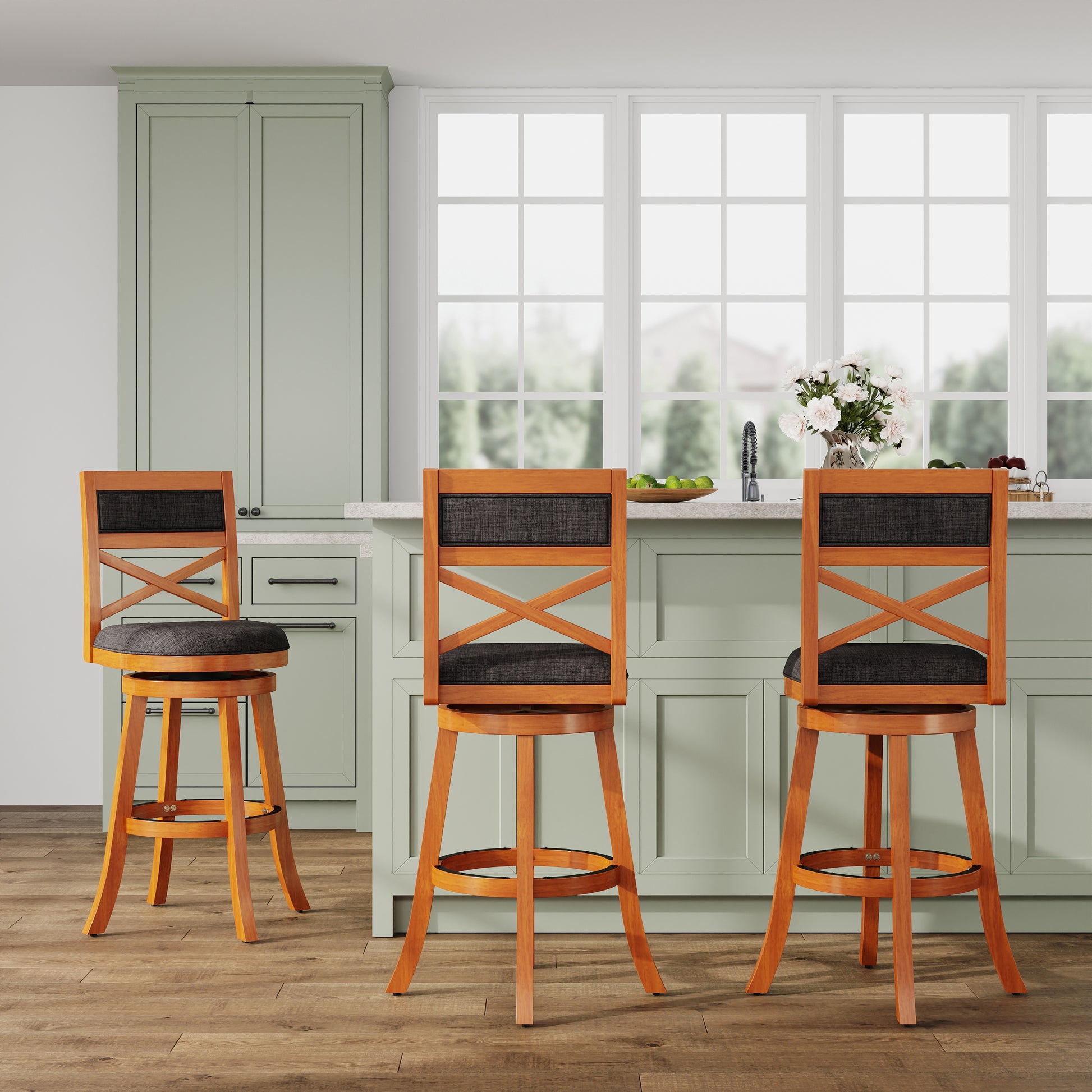 30" Bar Height X Back Swivel Stool, Natural Finish, Charcoal Fabric Seat Natural Fabric