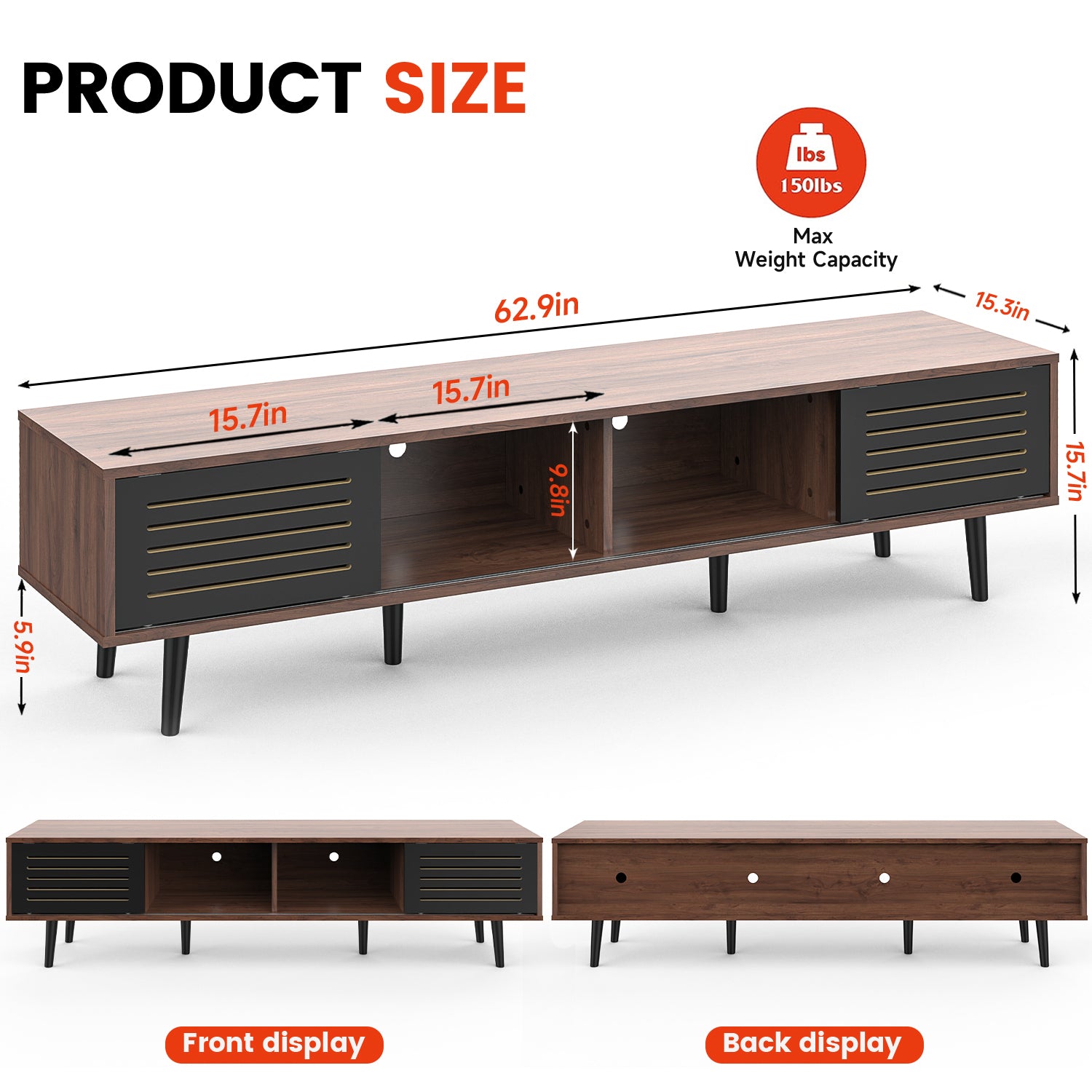 Mid Century Modern Tv Stand For Tvs Up To 70", Entertainment Center With Sliding Doors, Tv Console Table Media Cabinet For Living Room, Bedroom And Office, Walnut Walnut Black Mdf