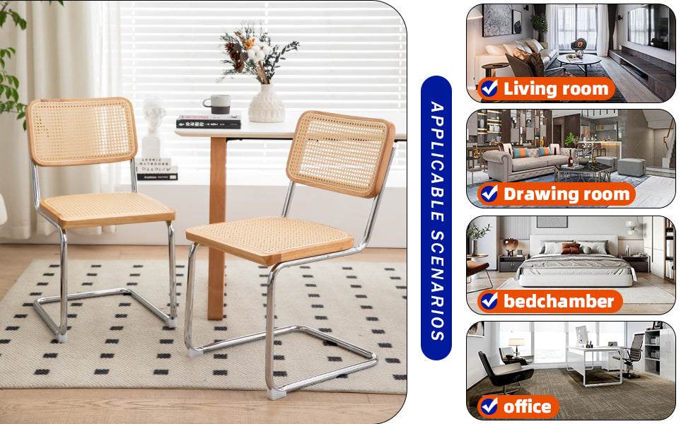 Dining Chairs Set Of 2, Velvet Rattan Side Accent Chairs With Chrome Legs, Modern Mid Century Breuer Designed Chairs, Upholstered Dining Living Room Kitchen Chairs Burly Wood Wood Stainless Steel