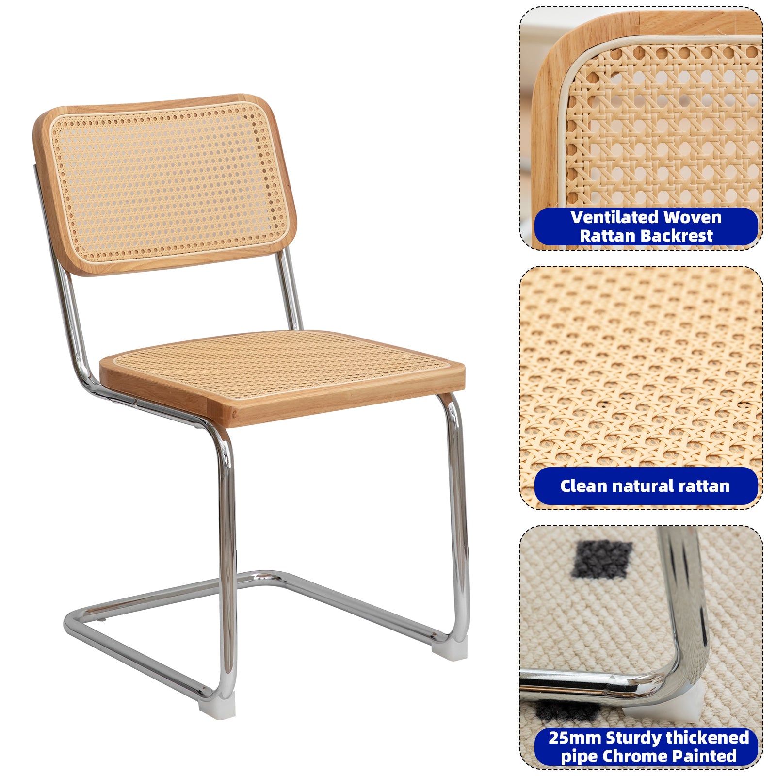 Dining Chairs Set Of 2, Velvet Rattan Side Accent Chairs With Chrome Legs, Modern Mid Century Breuer Designed Chairs, Upholstered Dining Living Room Kitchen Chairs Burly Wood Wood Stainless Steel