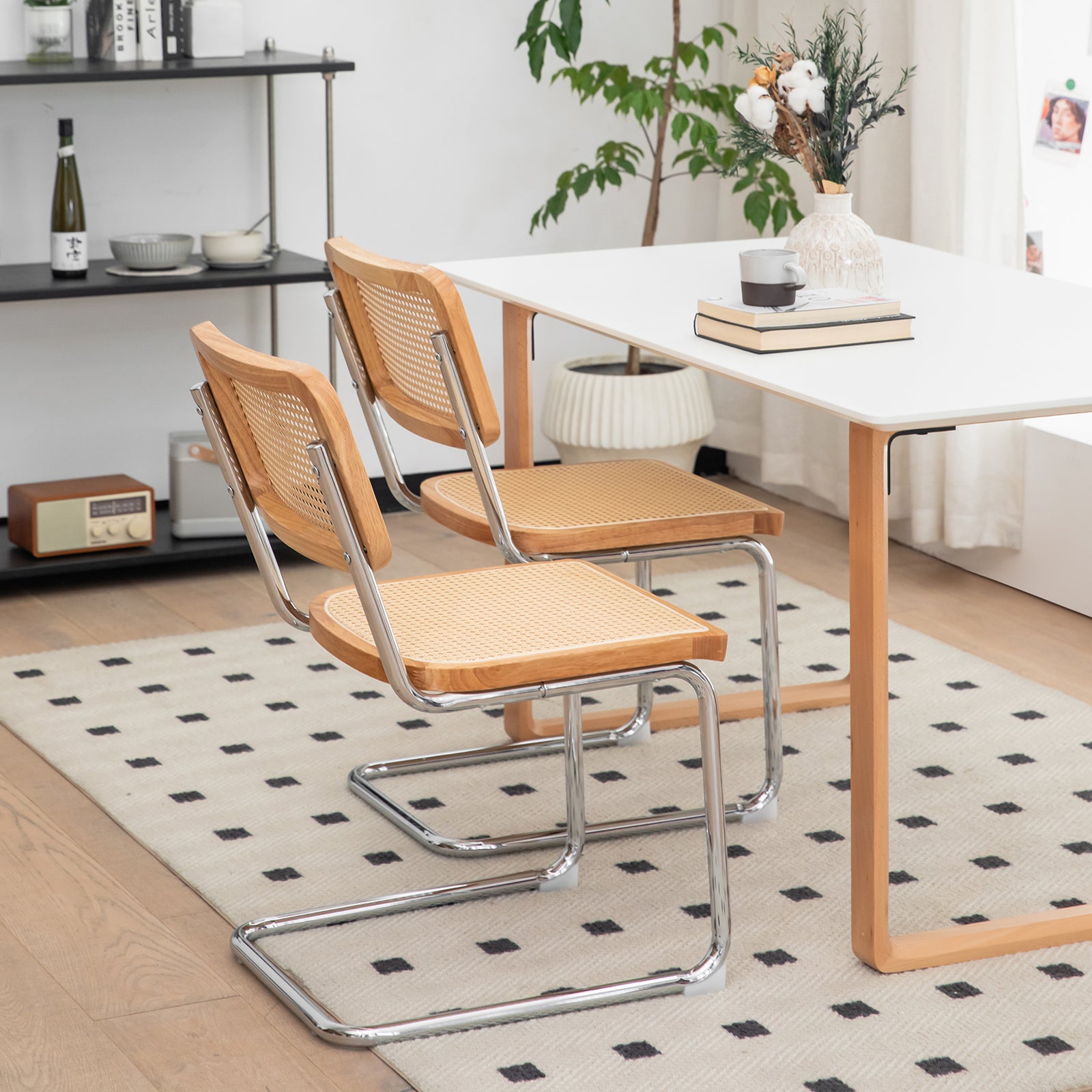 Dining Chairs Set Of 2, Velvet Rattan Side Accent Chairs With Chrome Legs, Modern Mid Century Breuer Designed Chairs, Upholstered Dining Living Room Kitchen Chairs Burly Wood Wood Stainless Steel