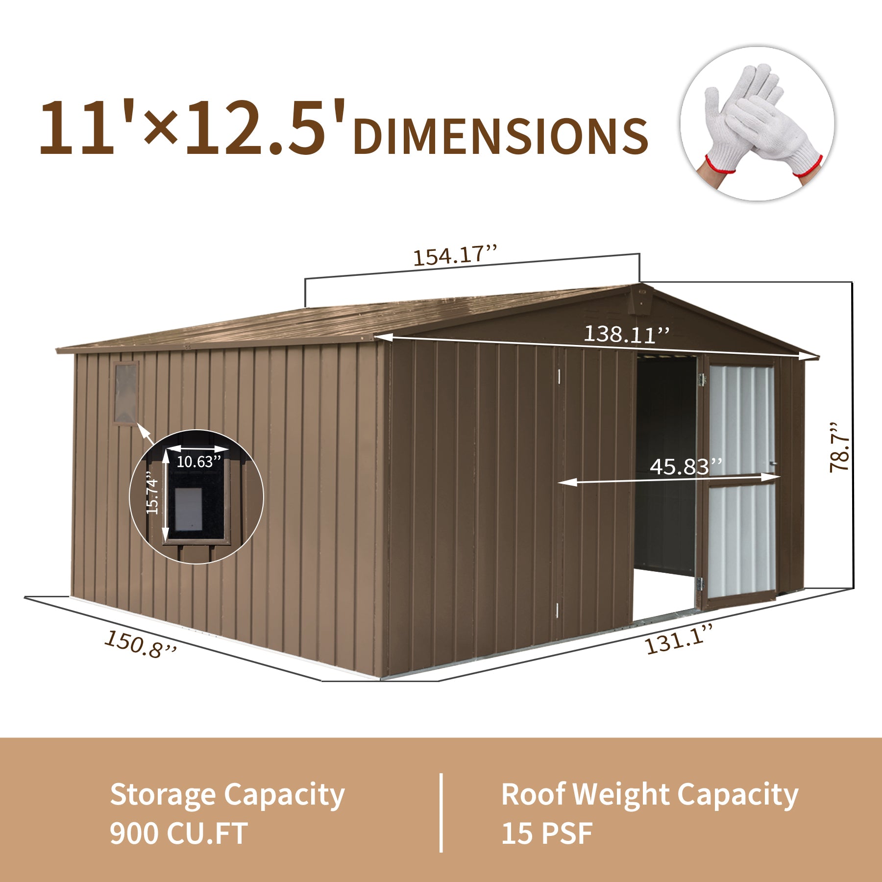 Backyard Storage Shed 11' X 12.5' With Galvanized Steel Frame & Windows, Outdoor Garden Shed Metal Utility Tool Storage Room With Lockable Door For Patio Brown Brown Metal