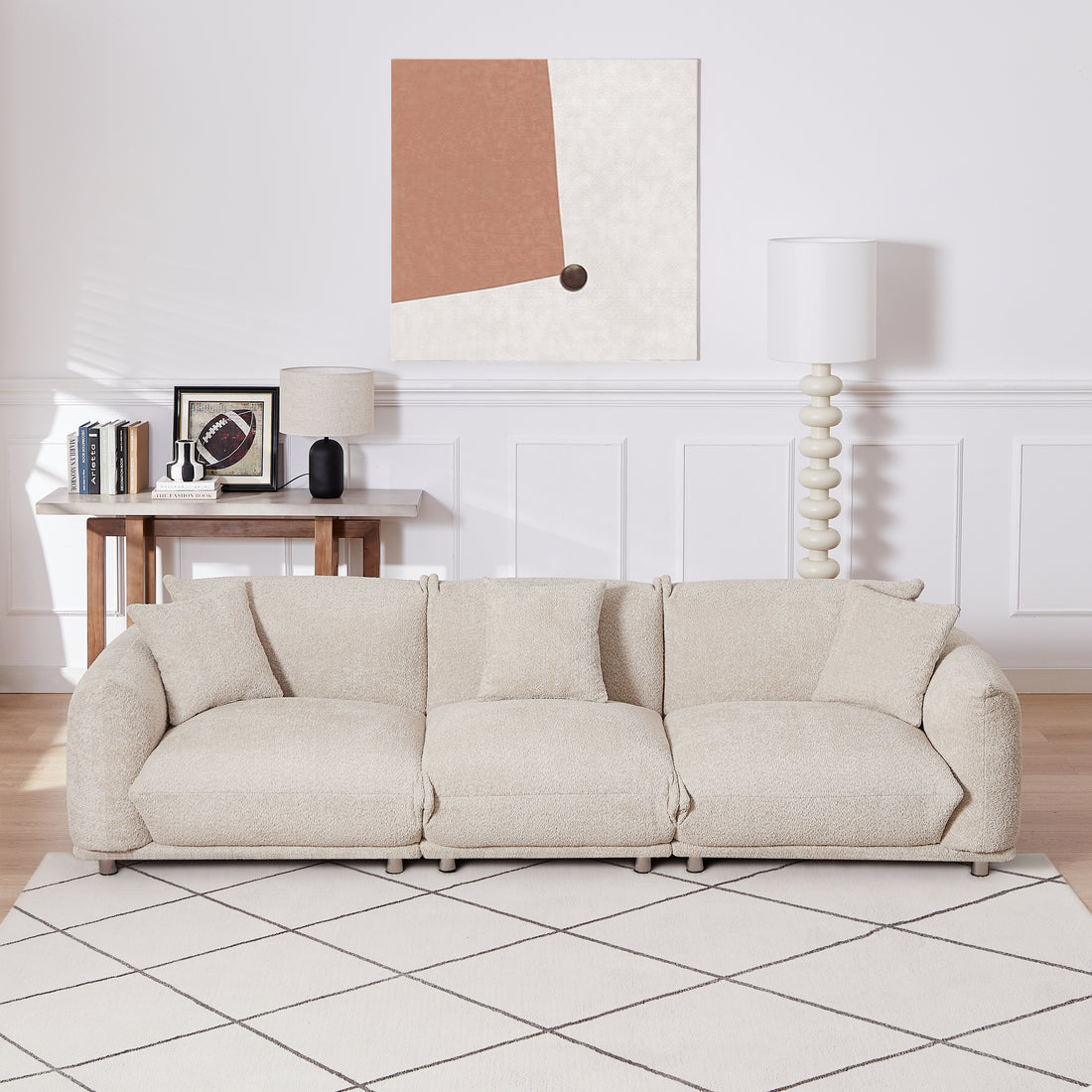 Originality Shapes Camel Lambswool Sherpa 4 Seater Sofa With Metal Legs, Solid Wood Frame Couch With 3 Pillows, Linear And Modular Version Design, Possibility Combined Armchair Current Style Camel