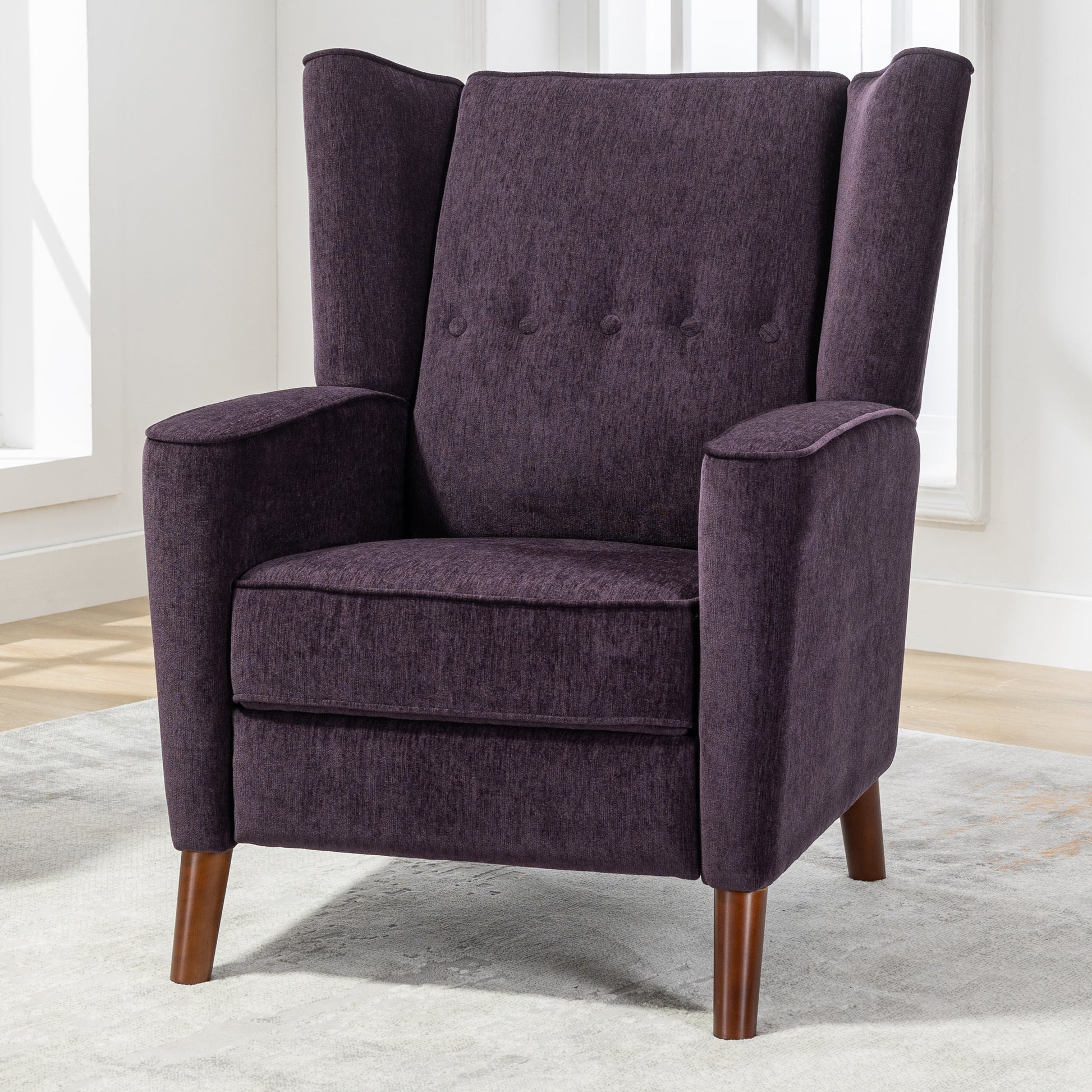 Mid Century Chenille Wingback Recliner Chair, Button Tufted Design Pushback Recliner Chair With Armrest And Solid Wood Legs, For Bedroom Living Room, Purple Purple Chenille