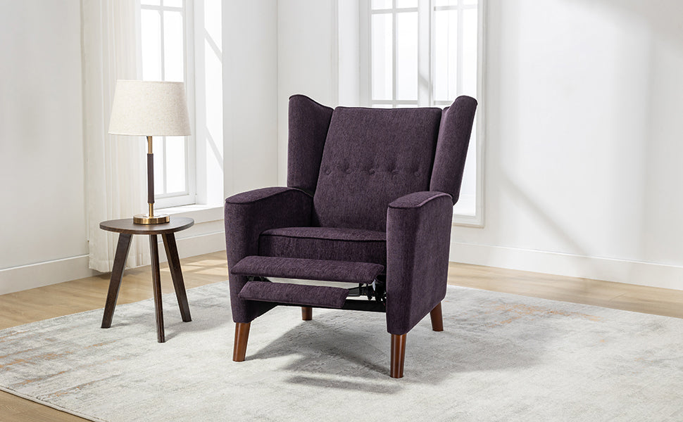 Mid Century Chenille Wingback Recliner Chair, Button Tufted Design Pushback Recliner Chair With Armrest And Solid Wood Legs, For Bedroom Living Room, Purple Purple Chenille