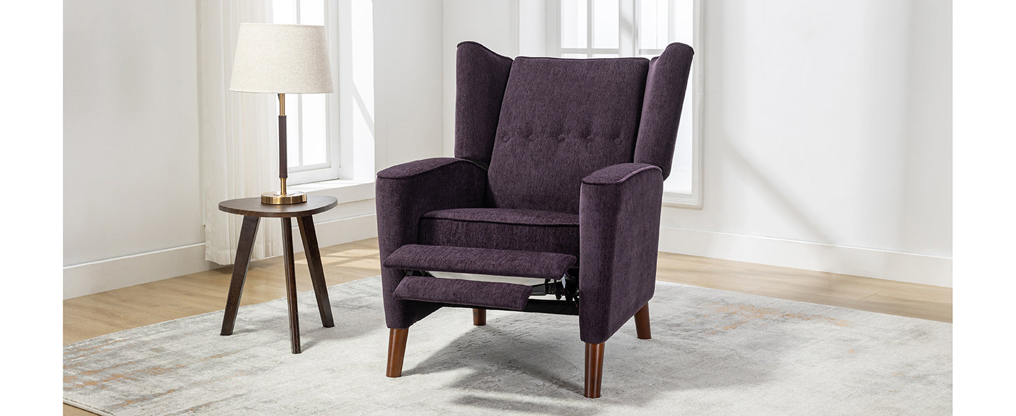 Mid Century Chenille Wingback Recliner Chair, Button Tufted Design Pushback Recliner Chair With Armrest And Solid Wood Legs, For Bedroom Living Room, Purple Purple Chenille