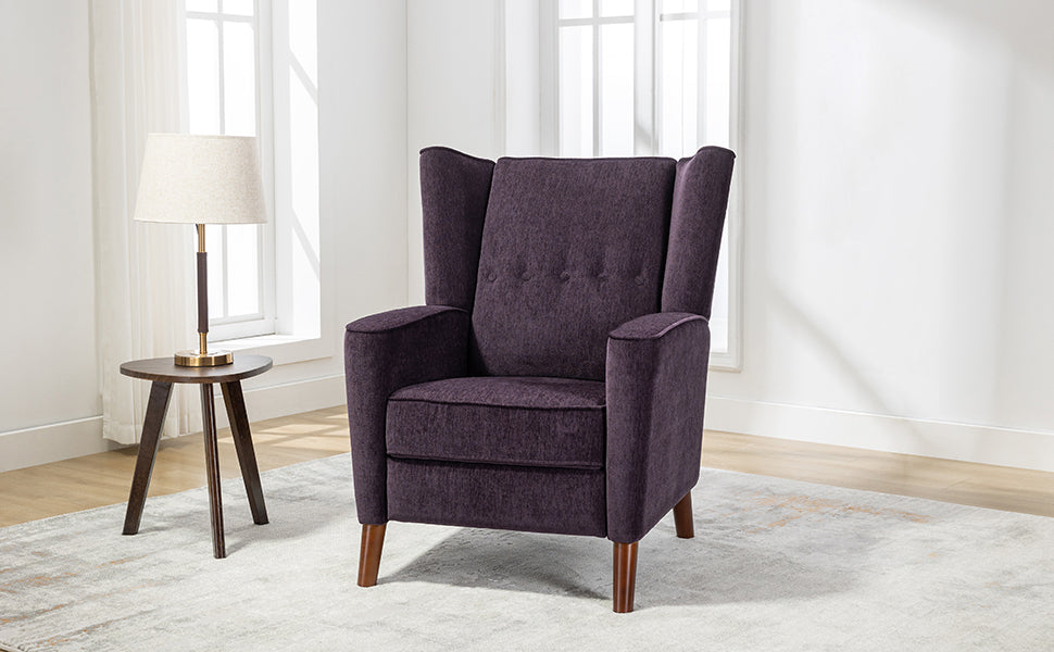 Mid Century Chenille Wingback Recliner Chair, Button Tufted Design Pushback Recliner Chair With Armrest And Solid Wood Legs, For Bedroom Living Room, Purple Purple Chenille