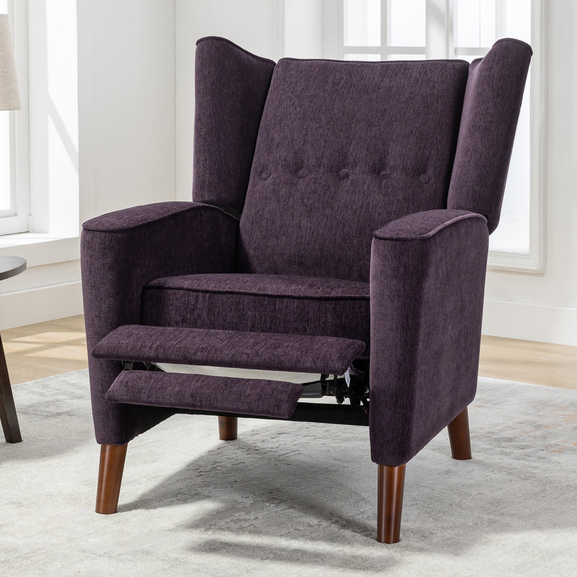 Mid Century Chenille Wingback Recliner Chair, Button Tufted Design Pushback Recliner Chair With Armrest And Solid Wood Legs, For Bedroom Living Room, Purple Purple Chenille