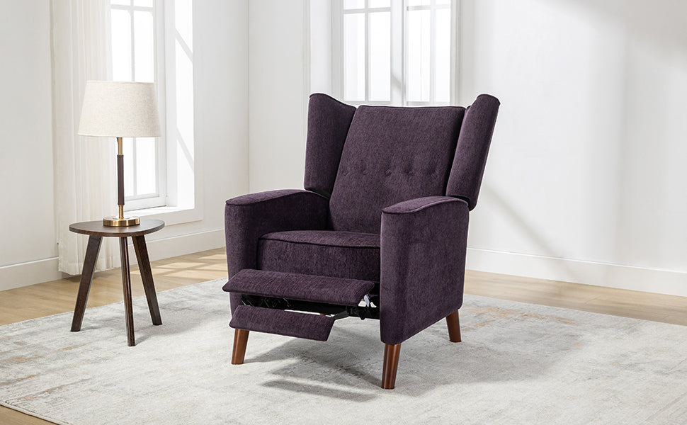Mid Century Chenille Wingback Recliner Chair, Button Tufted Design Pushback Recliner Chair With Armrest And Solid Wood Legs, For Bedroom Living Room, Purple Purple Chenille