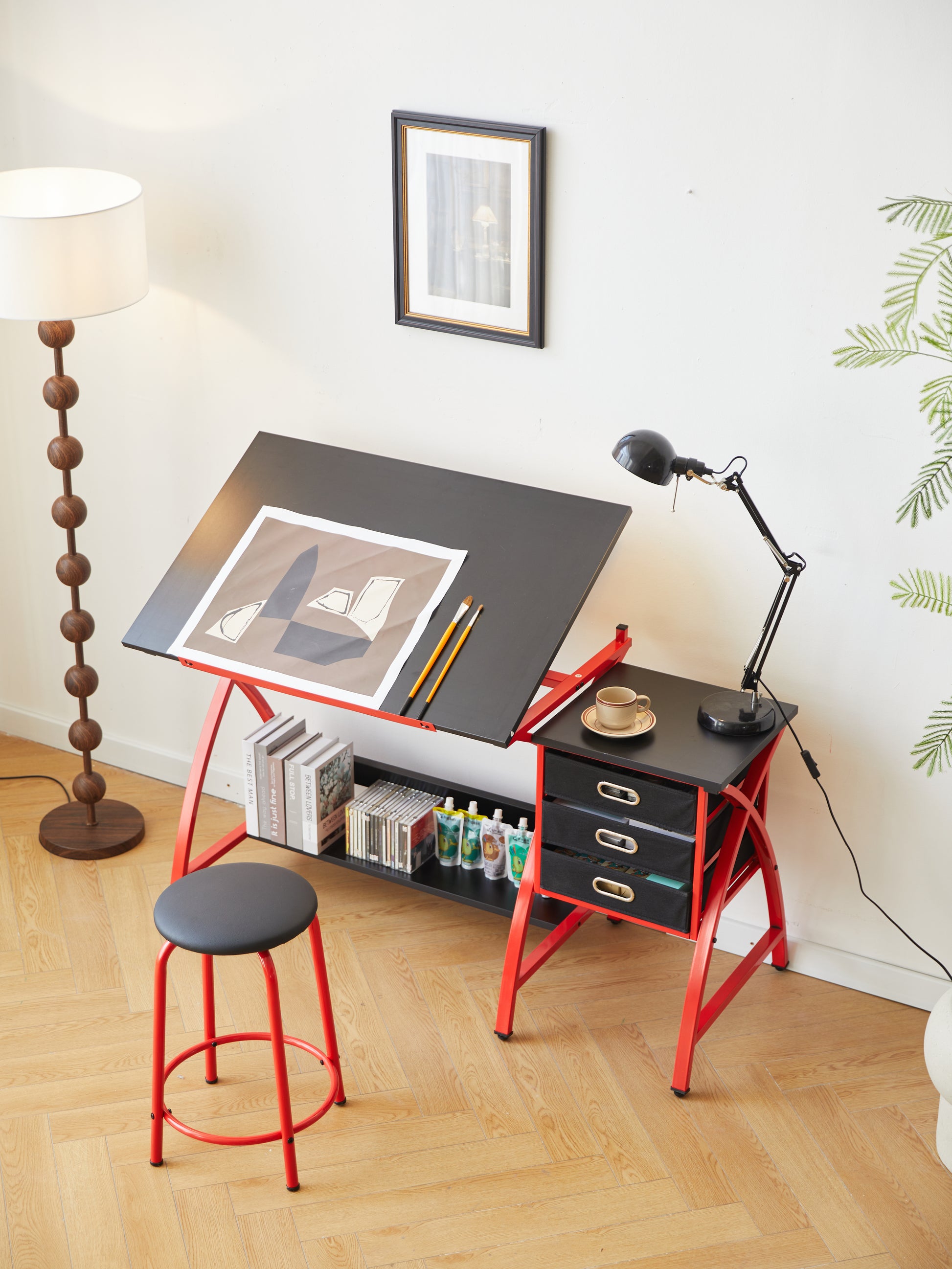 Drafting Table Red With Stool Red Mdf Metal