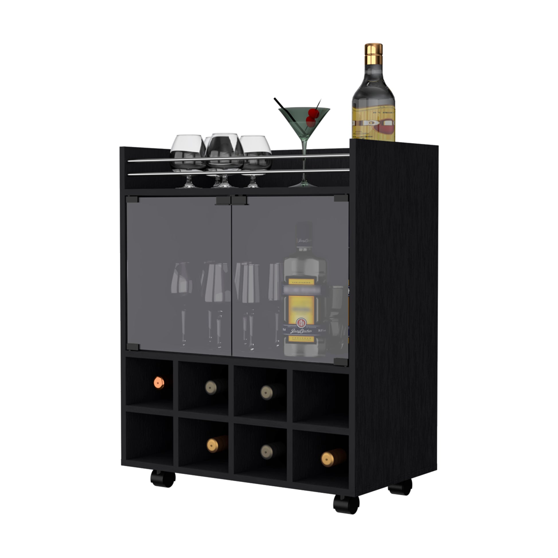 Minneapolis Bar Cart With Integrated 8 Bottle Rack, Glass Encased Cabinet And Aluminum Bar Top Freestanding 5 Or More Spaces Black Primary Living Space Open Storage Space Modern Pine Particle Board Engineered Wood