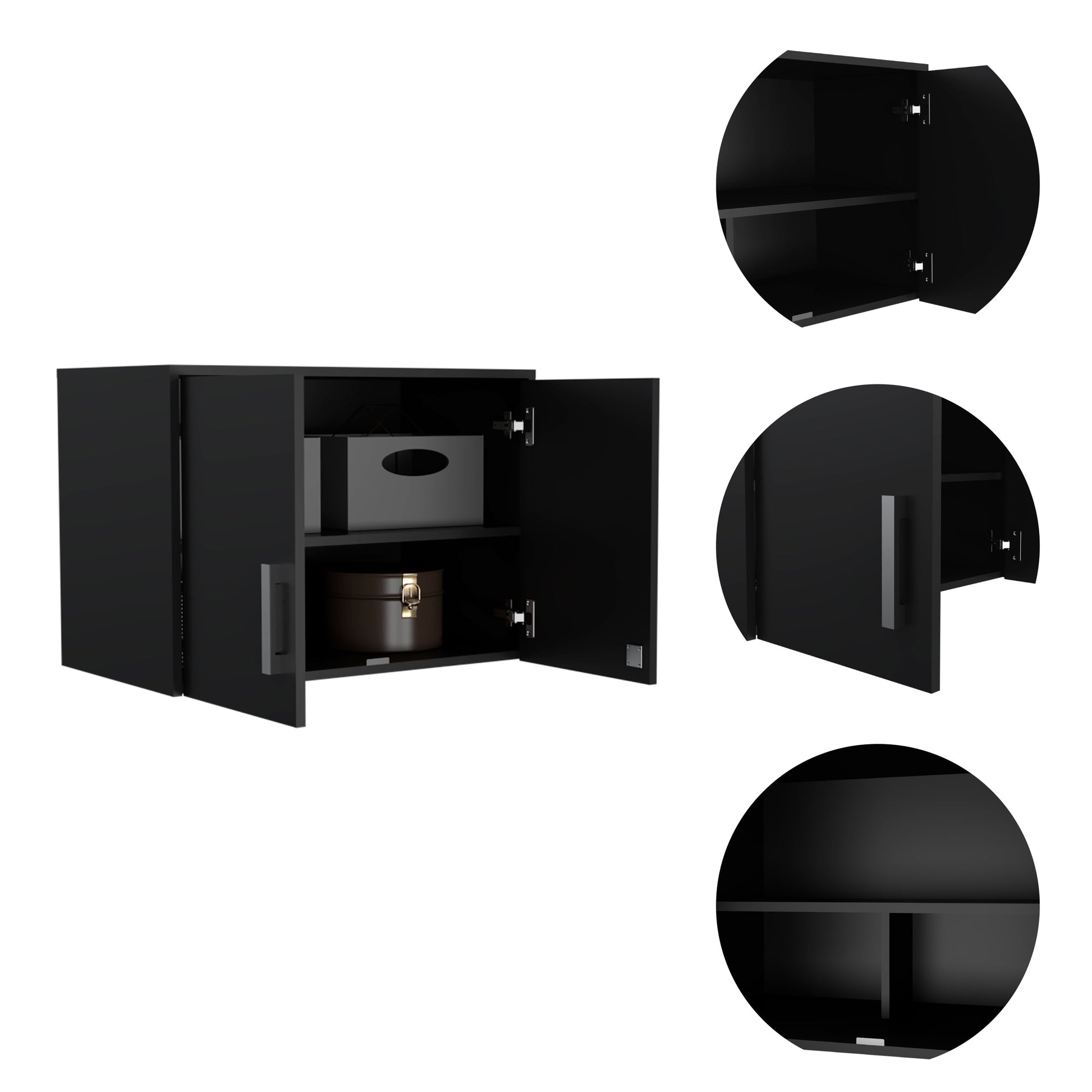 Penny Storage Cabinet, Wall Cabinet Double Door, Three Internal Shelves Black Mdf Engineered Wood