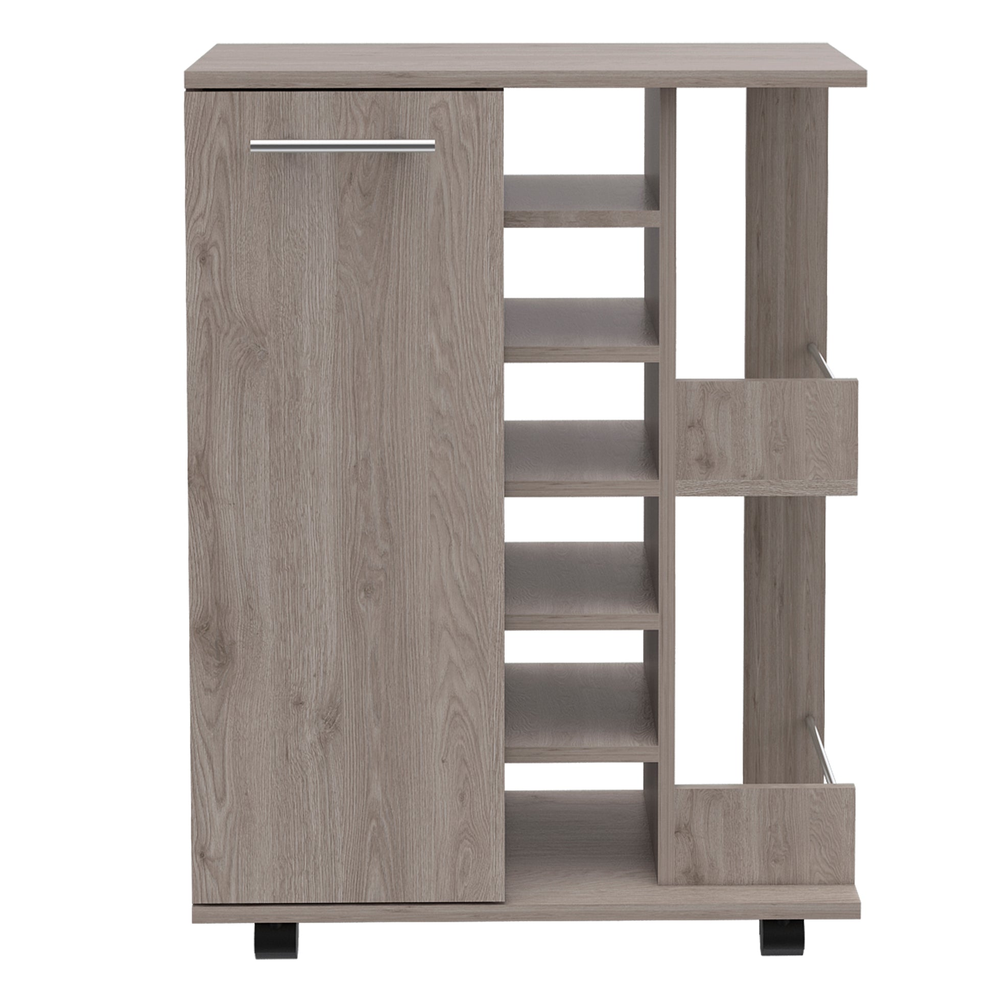 Tennessee Bar Cart, One Cabinet With Division, Six Cubbies For Liquor, Two Shelves 5 Or More Spaces Light Gray Primary Living Space Open Storage Space Modern Pine Particle Board Engineered Wood