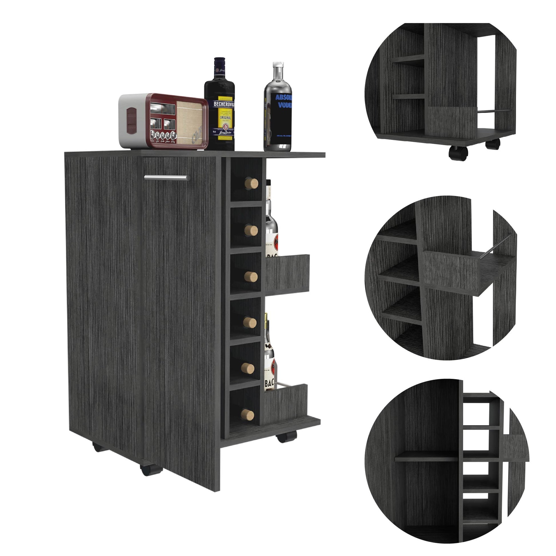 Tennessee Bar Cart Made Of Particle Board With 1 Cabinet With Division, 6 Cubbies For Liquor And 2 Shelves Mobile Carts 5 Or More Spaces Smoke Primary Living Space Open Storage Space Modern Pine