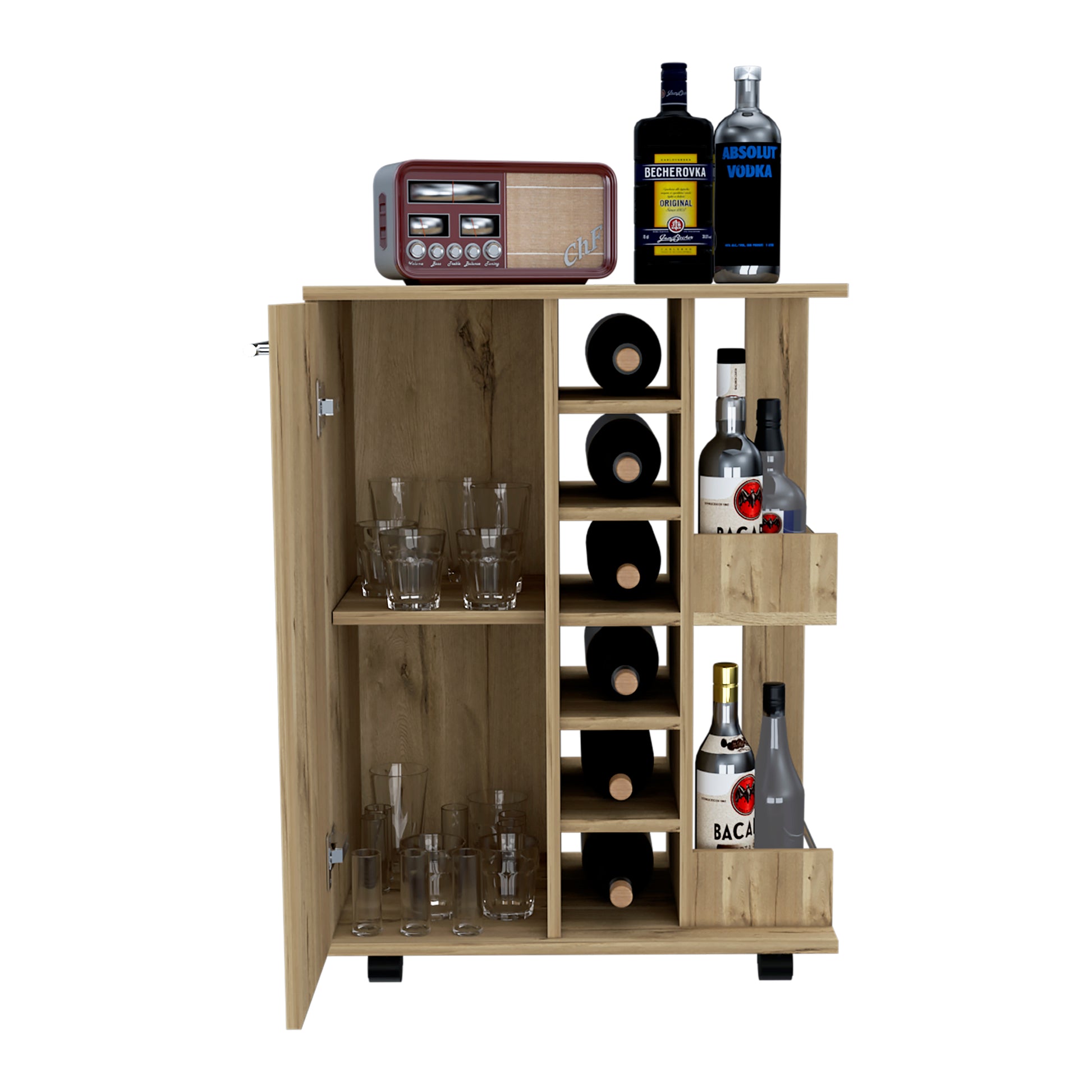Tennessee Bar Cart, One Cabinet With Division, Six Cubbies For Liquor, Two Shelves Mobile Carts Light Oak Primary Living Space Open Storage Space Modern Pine Particle Board Engineered Wood