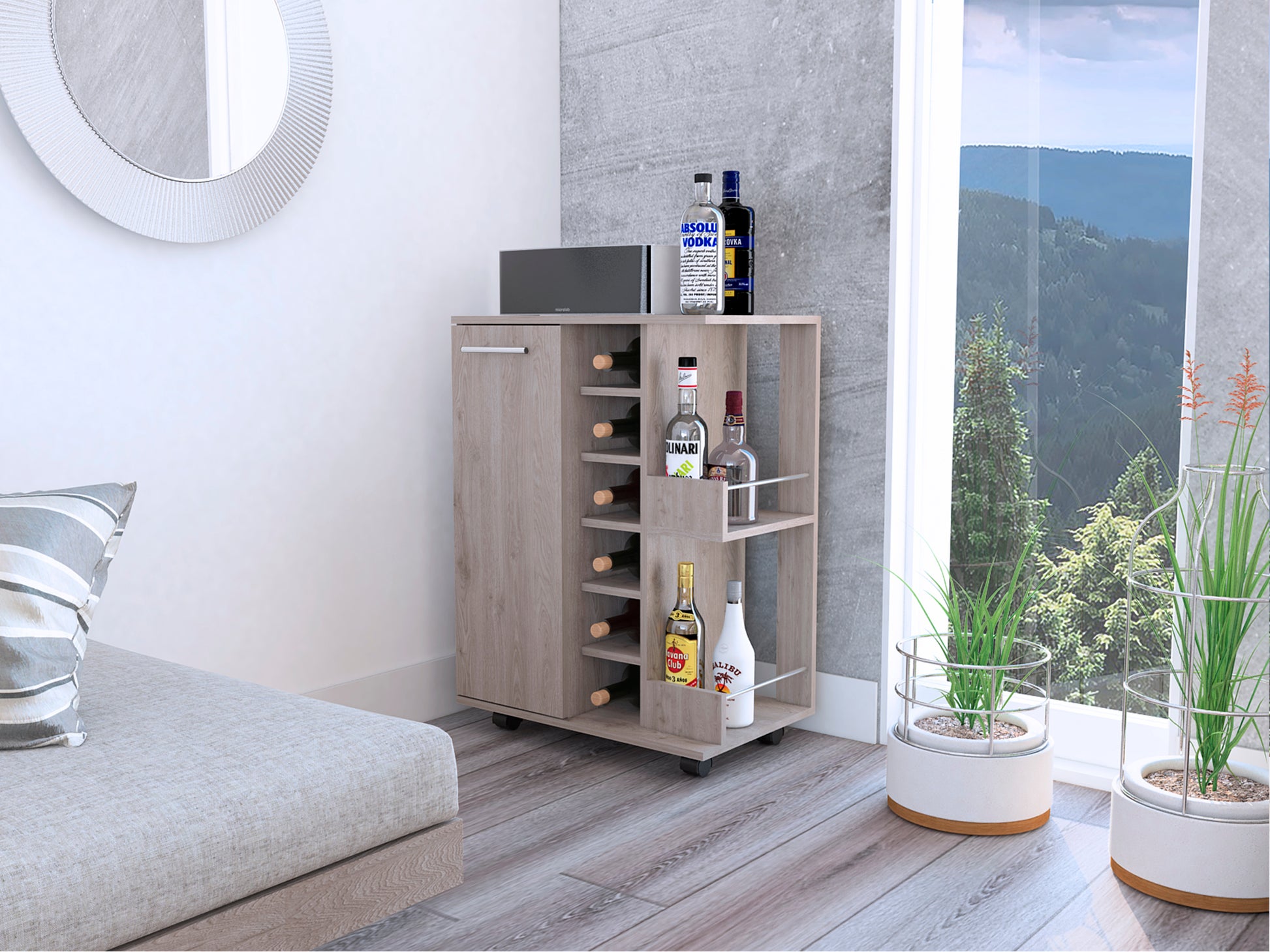 Tennessee Bar Cart, One Cabinet With Division, Six Cubbies For Liquor, Two Shelves 5 Or More Spaces Light Gray Primary Living Space Open Storage Space Modern Pine Particle Board Engineered Wood