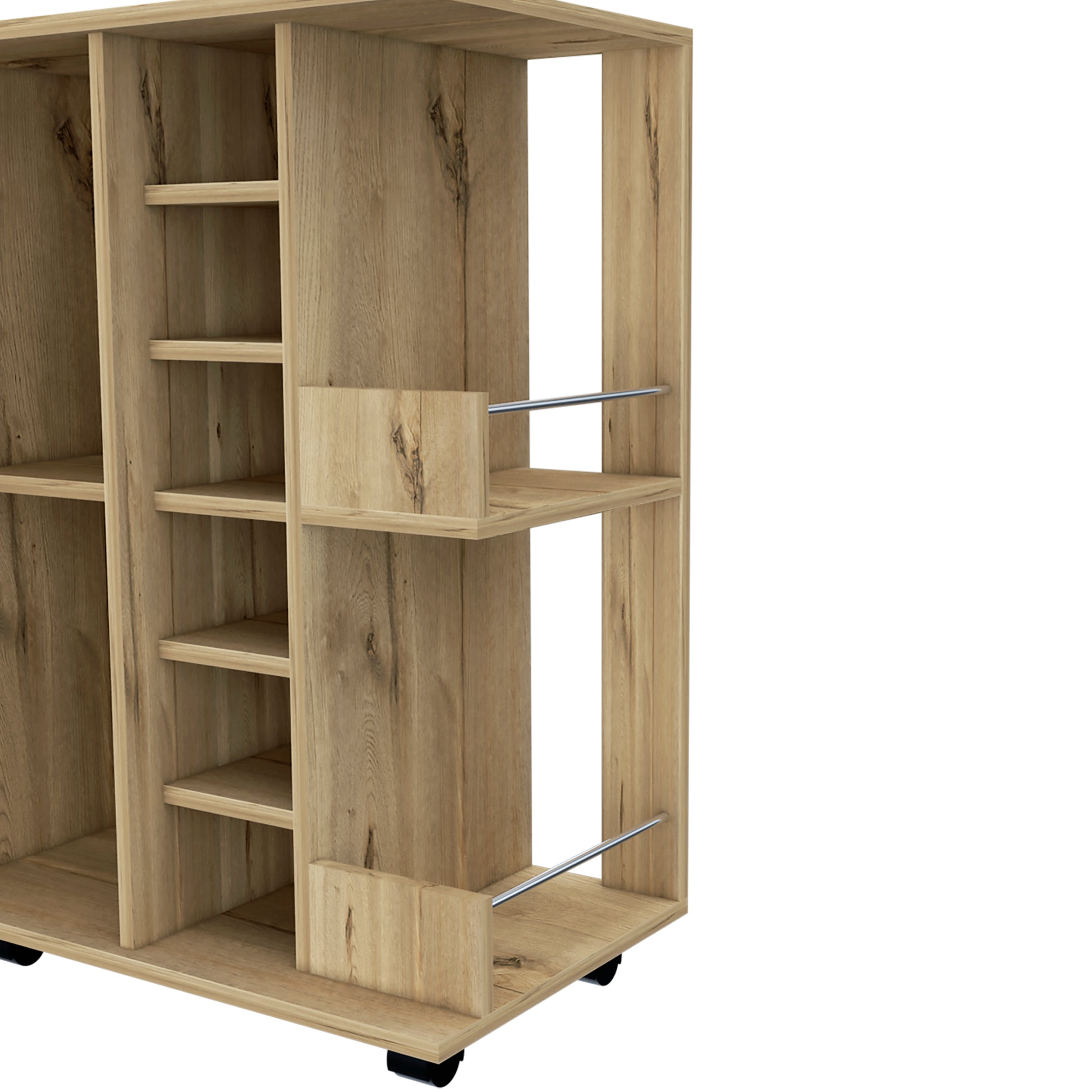 Tennessee Bar Cart, One Cabinet With Division, Six Cubbies For Liquor, Two Shelves Mobile Carts Light Oak Primary Living Space Open Storage Space Modern Pine Particle Board Engineered Wood