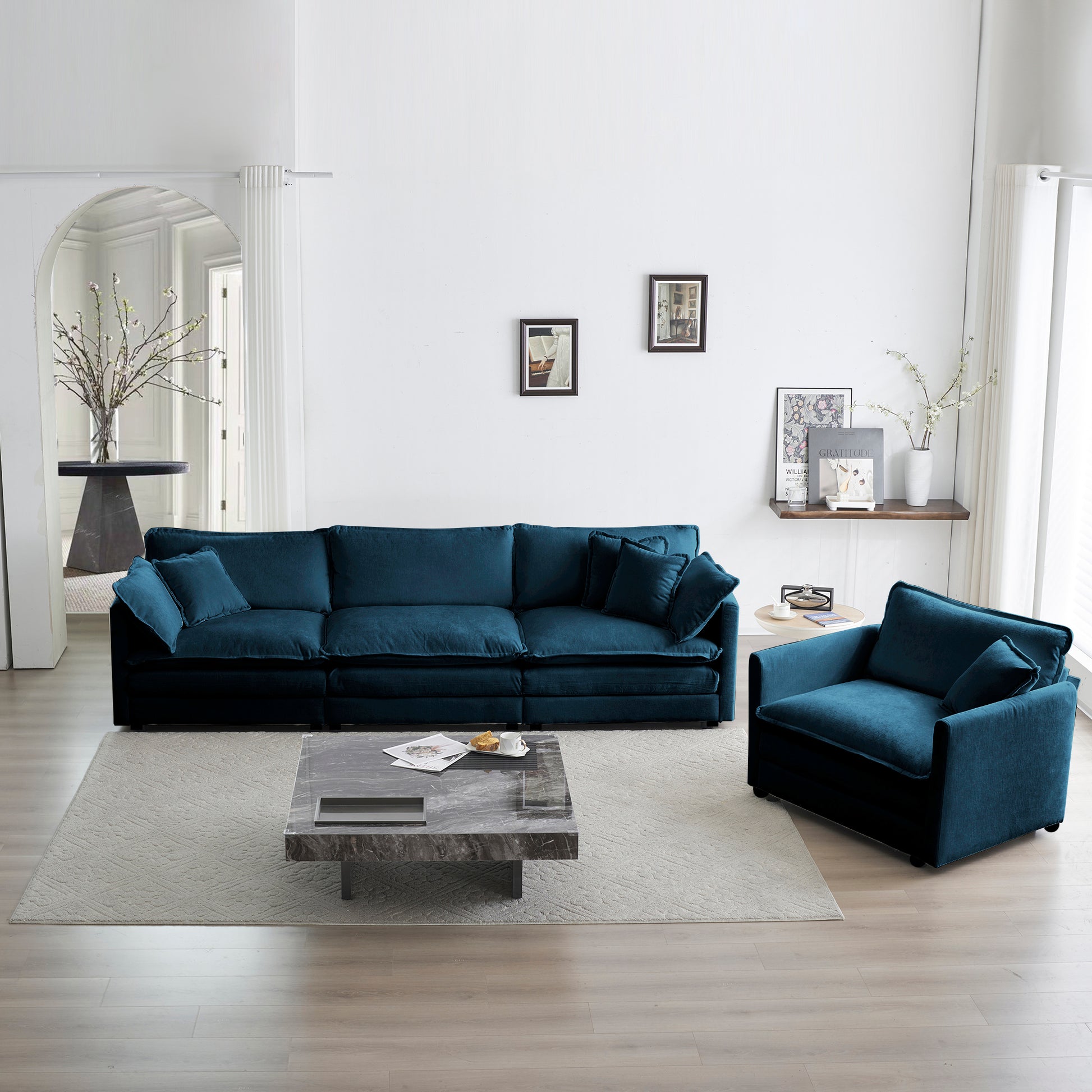 Sofa Set Of 3, 1 1 3 Seats Living Room Sofa Set, Accent Chair, Loveseat, And Three Seat Sofa Modern Style Round Arms 3 Piece Sofa Set, Blue Blue Chenille 5 Seat