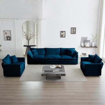 Sofa Set Of 3, 1 1 3 Seats Living Room Sofa Set, Accent Chair, Loveseat, And Three Seat Sofa Modern Style Round Arms 3 Piece Sofa Set, Blue Blue Chenille 5 Seat