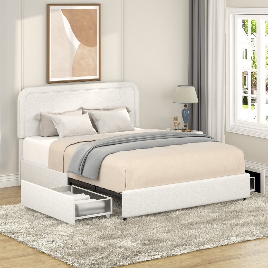 Liv Patented 2 Drawers Storage Bed Queen Size Ivory Boucle Upholstered Platform Bed, Curved Stitched Tufted Headboard, Wooden Slat Mattress Support, No Box Spring Needed Box Spring Not Required