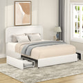 Liv Patented 2 Drawers Storage Bed Queen Size Ivory Boucle Upholstered Platform Bed, Curved Stitched Tufted Headboard, Wooden Slat Mattress Support, No Box Spring Needed Box Spring Not Required
