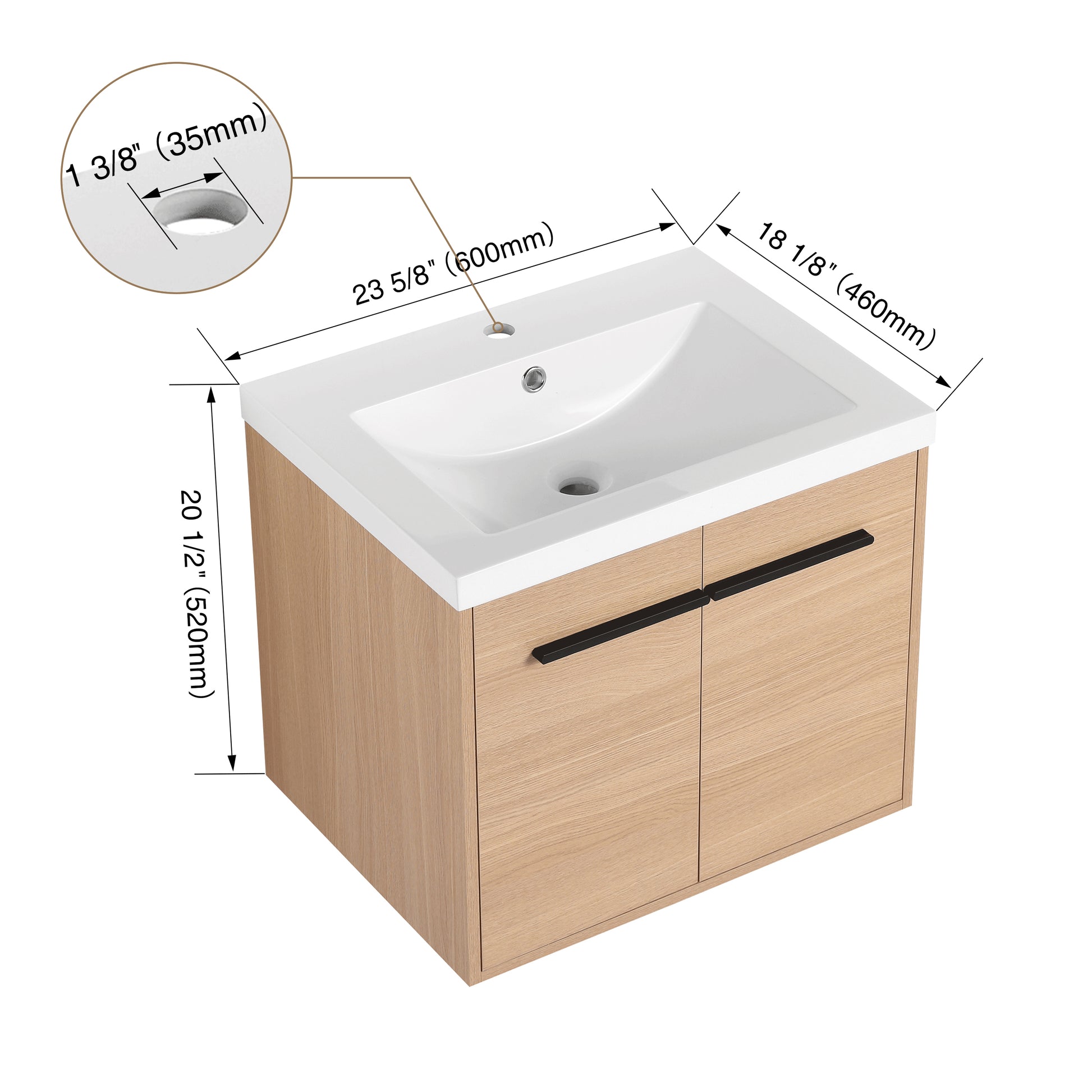 Oak 24 Inch Bathroom Vanity With Resin Countertop Sink, 2 Doors Bathroom Cabinet Set Oak Bathroom American Design Engineered Wood