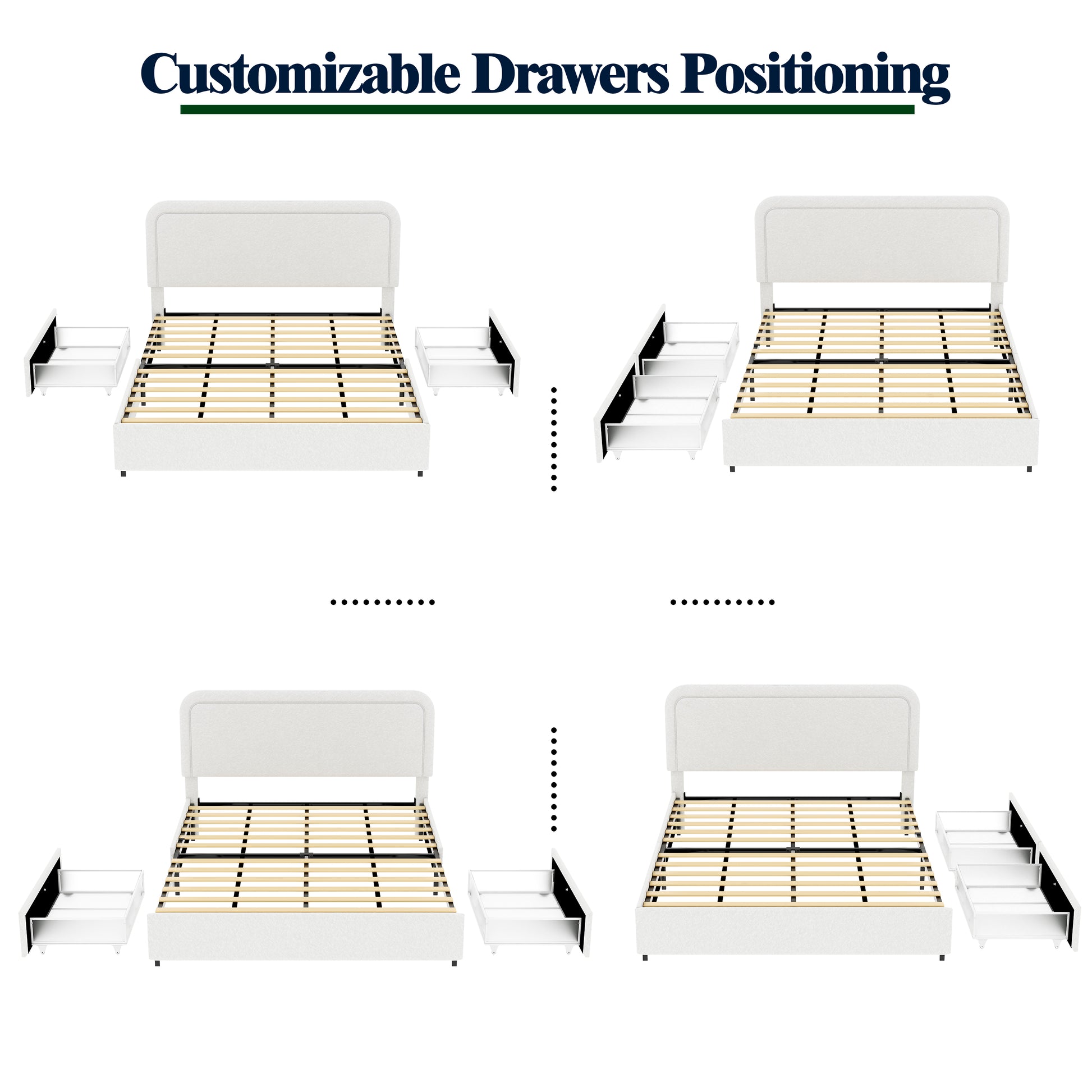 Liv Patented 2 Drawers Storage Bed Queen Size Ivory Boucle Upholstered Platform Bed, Curved Stitched Tufted Headboard, Wooden Slat Mattress Support, No Box Spring Needed Box Spring Not Required