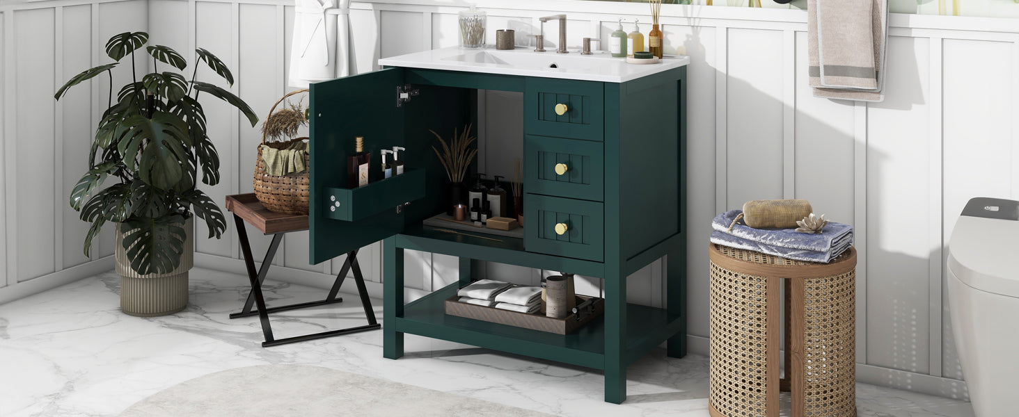 30Inch Transitional Style Bathroom Vanity Cabinet Combo With Ceramic Sink Green Bathroom Solid Wood Mdf