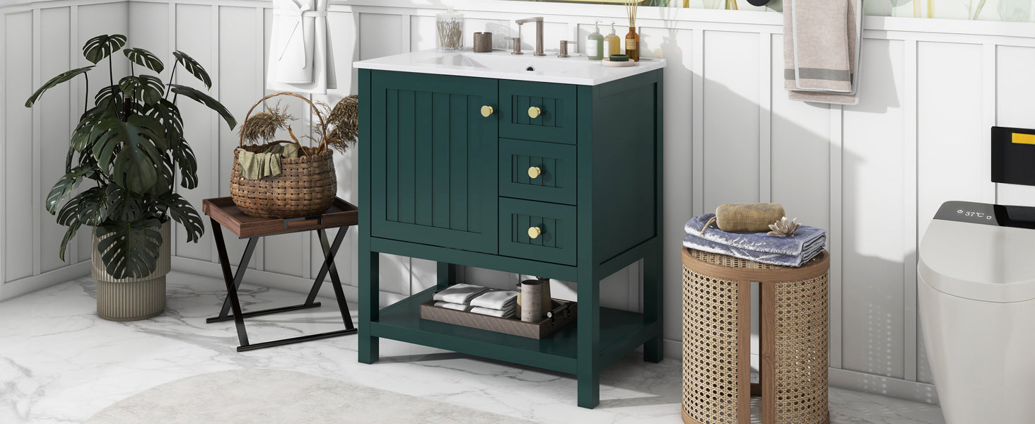 30Inch Transitional Style Bathroom Vanity Cabinet Combo With Ceramic Sink Green Bathroom Solid Wood Mdf