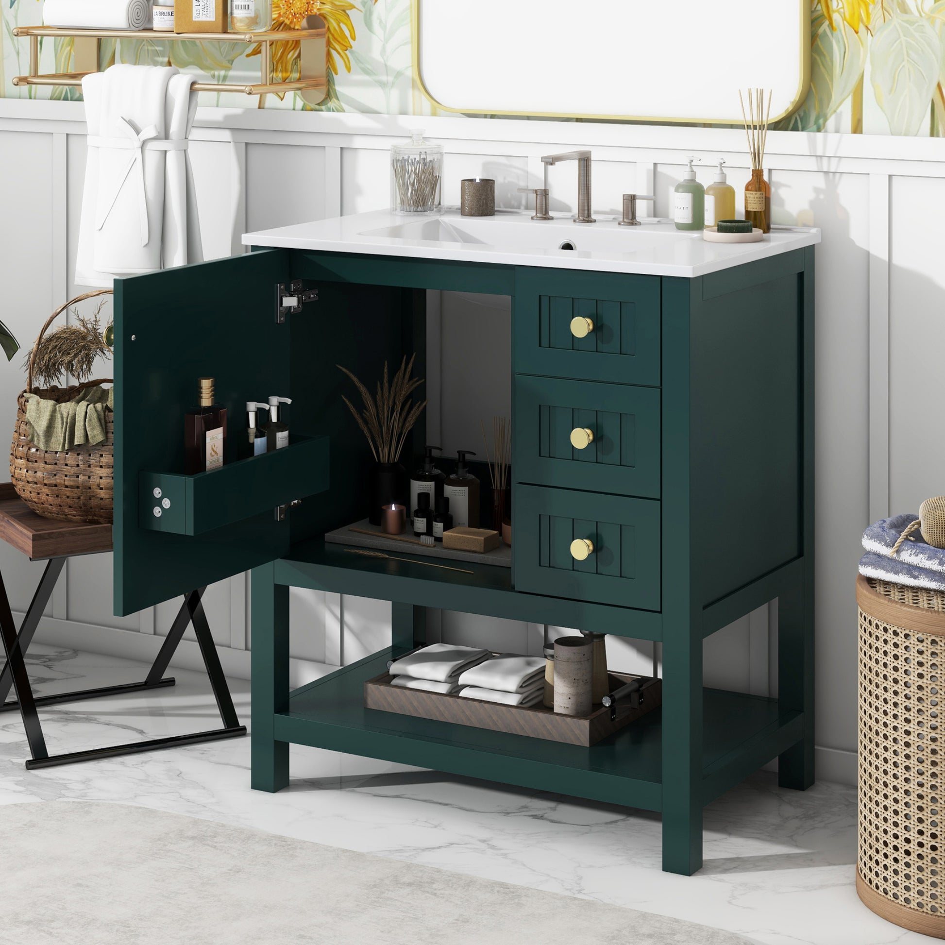 30Inch Transitional Style Bathroom Vanity Cabinet Combo With Ceramic Sink Green Bathroom Solid Wood Mdf