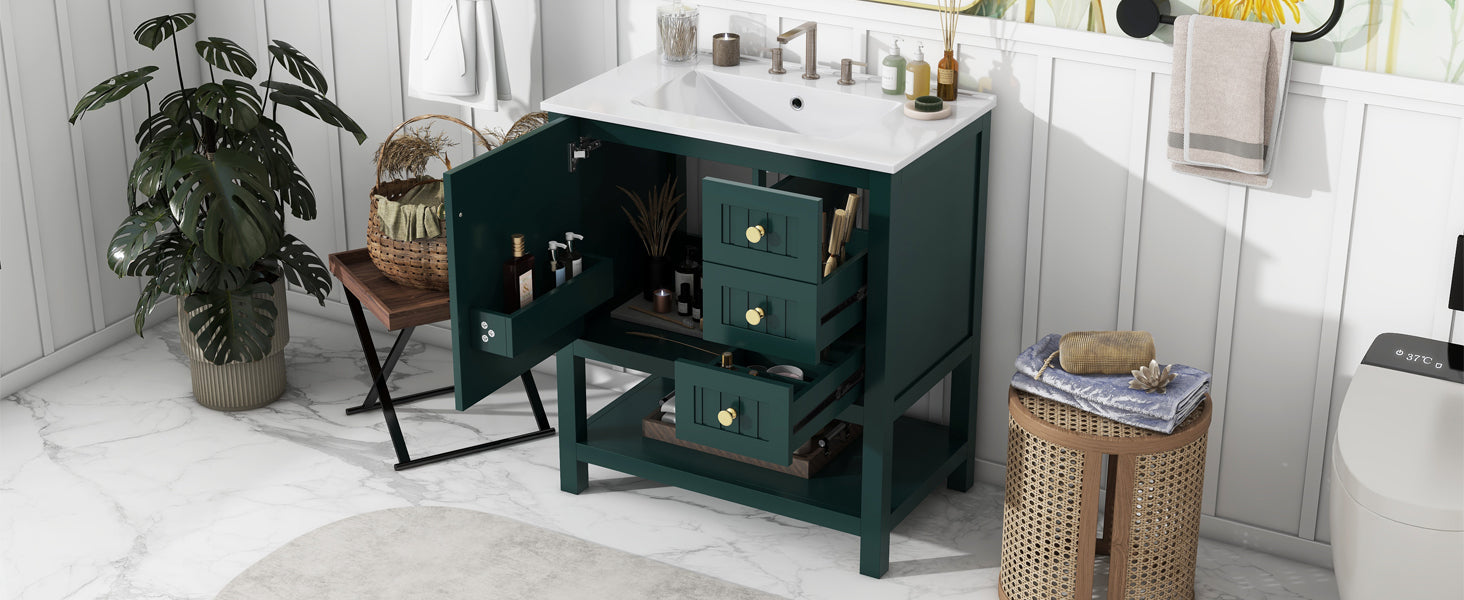 30Inch Transitional Style Bathroom Vanity Cabinet Combo With Ceramic Sink Green Bathroom Solid Wood Mdf