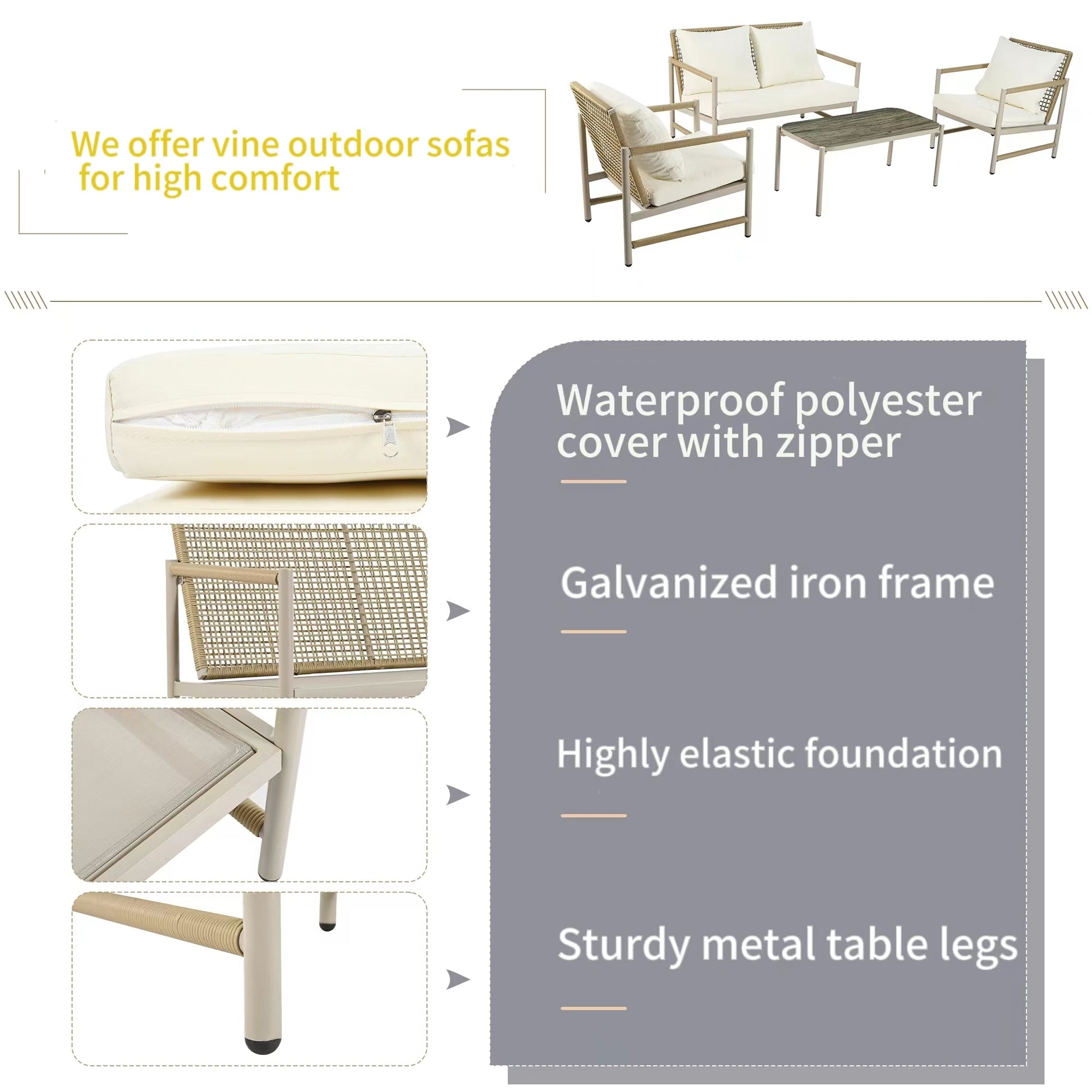 4 Pieces Patio Furniture Set, Pe Rattan Wicker 4 Pcs Outdoor Sofa Set W Washable Cushion And Tempered Glass Tabletop, Conversation Furniture For Garden Poolside Balcony Yes Complete Patio Set White Natural Garden & Outdoor Artsy Complete Patio Sets