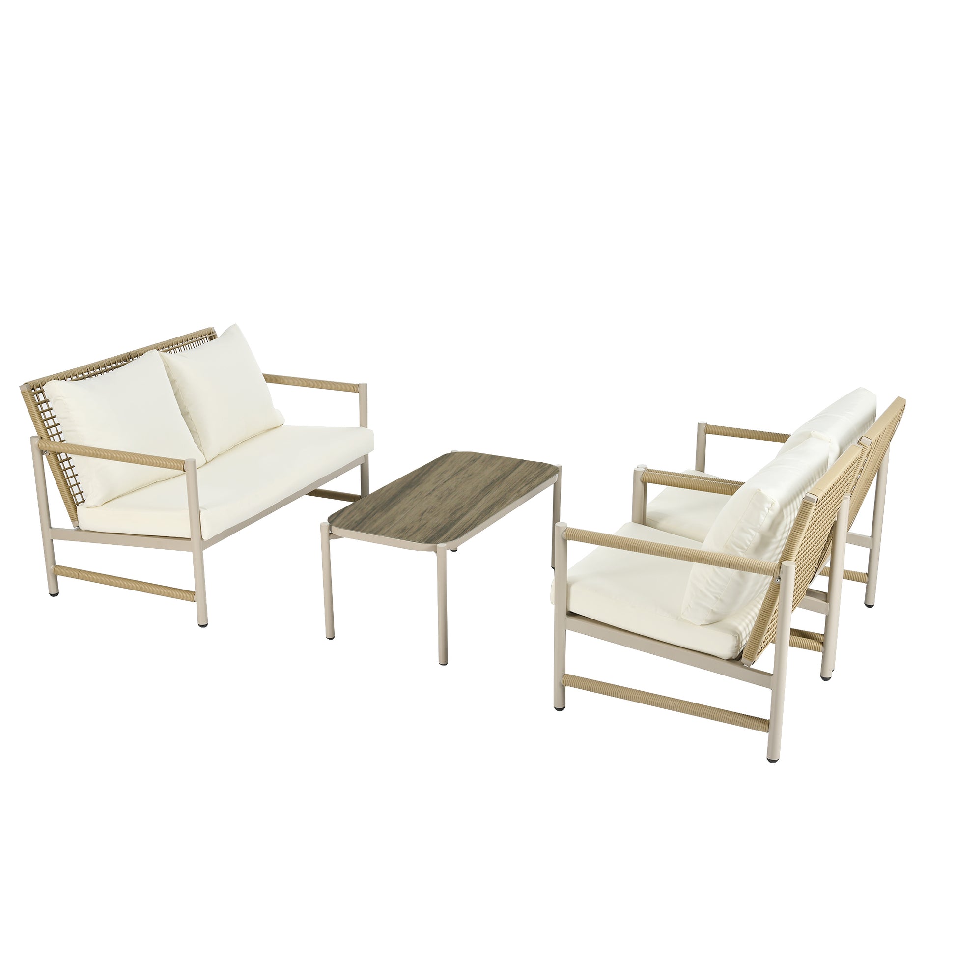 4 Pieces Patio Furniture Set, Pe Rattan Wicker 4 Pcs Outdoor Sofa Set W Washable Cushion And Tempered Glass Tabletop, Conversation Furniture For Garden Poolside Balcony Yes Complete Patio Set White Natural Garden & Outdoor Artsy Complete Patio Sets