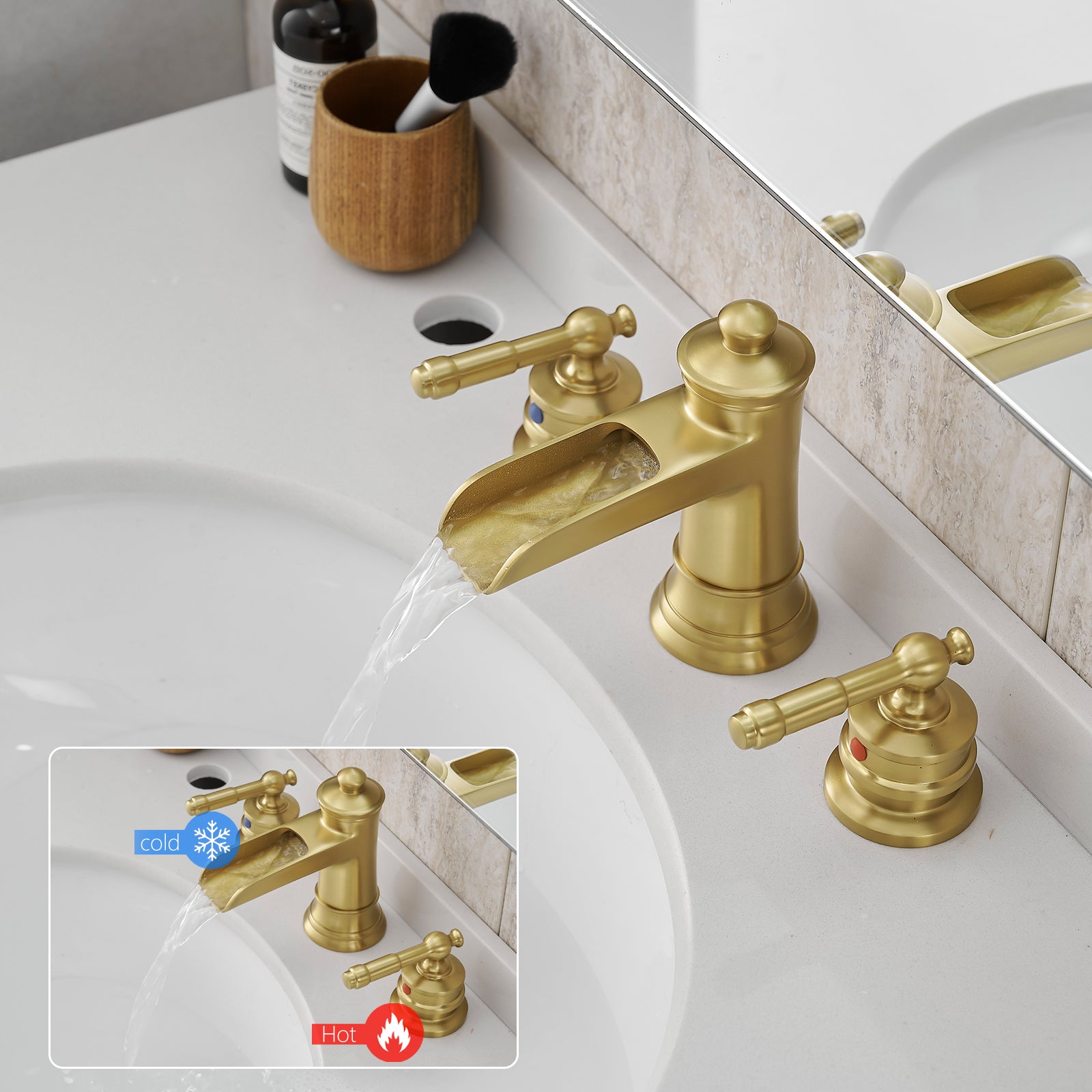Bathroom Faucets For Sink 3 Hole Nickel Gold 8 Inch Widespread Bathroom Sink Faucet With Pop Up Drain Double Lever Handle Faucet Bathroom Vanity Faucet Basin Mixer Tap Faucet With Hose Bathroom