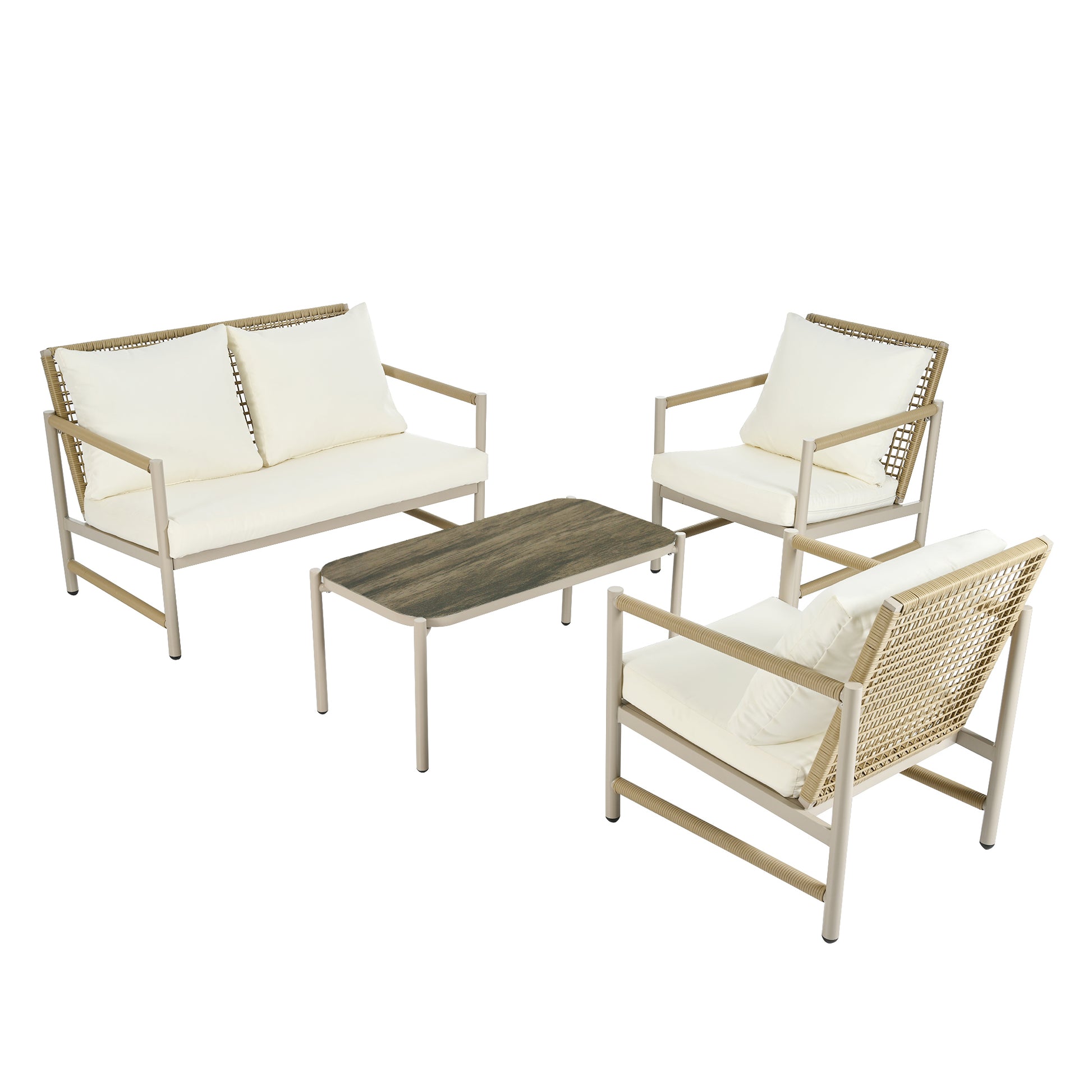 4 Pieces Patio Furniture Set, Pe Rattan Wicker 4 Pcs Outdoor Sofa Set W Washable Cushion And Tempered Glass Tabletop, Conversation Furniture For Garden Poolside Balcony Yes Complete Patio Set White Natural Garden & Outdoor Artsy Complete Patio Sets