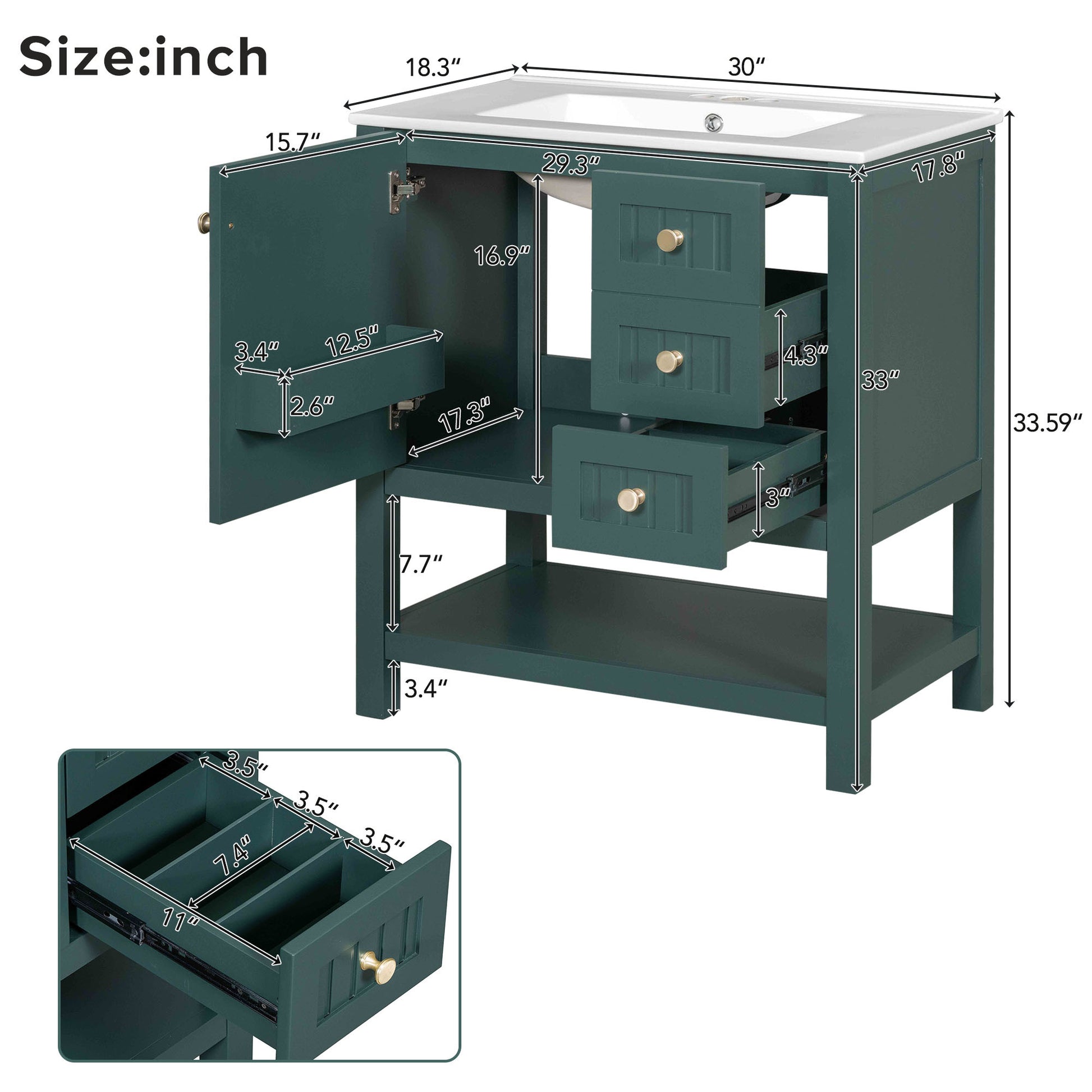 30Inch Transitional Style Bathroom Vanity Cabinet Combo With Ceramic Sink Green Bathroom Solid Wood Mdf