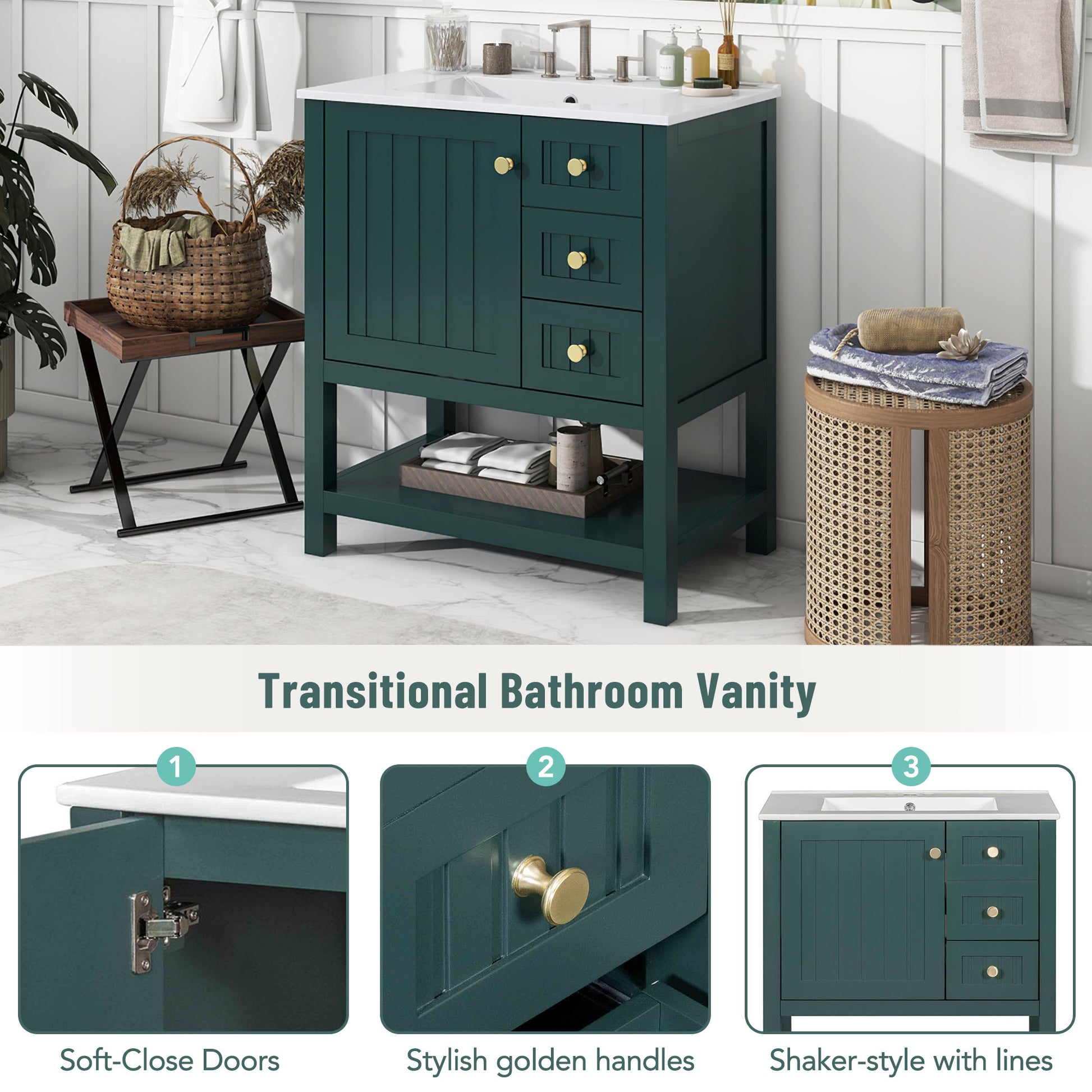30Inch Transitional Style Bathroom Vanity Cabinet Combo With Ceramic Sink Green Bathroom Solid Wood Mdf