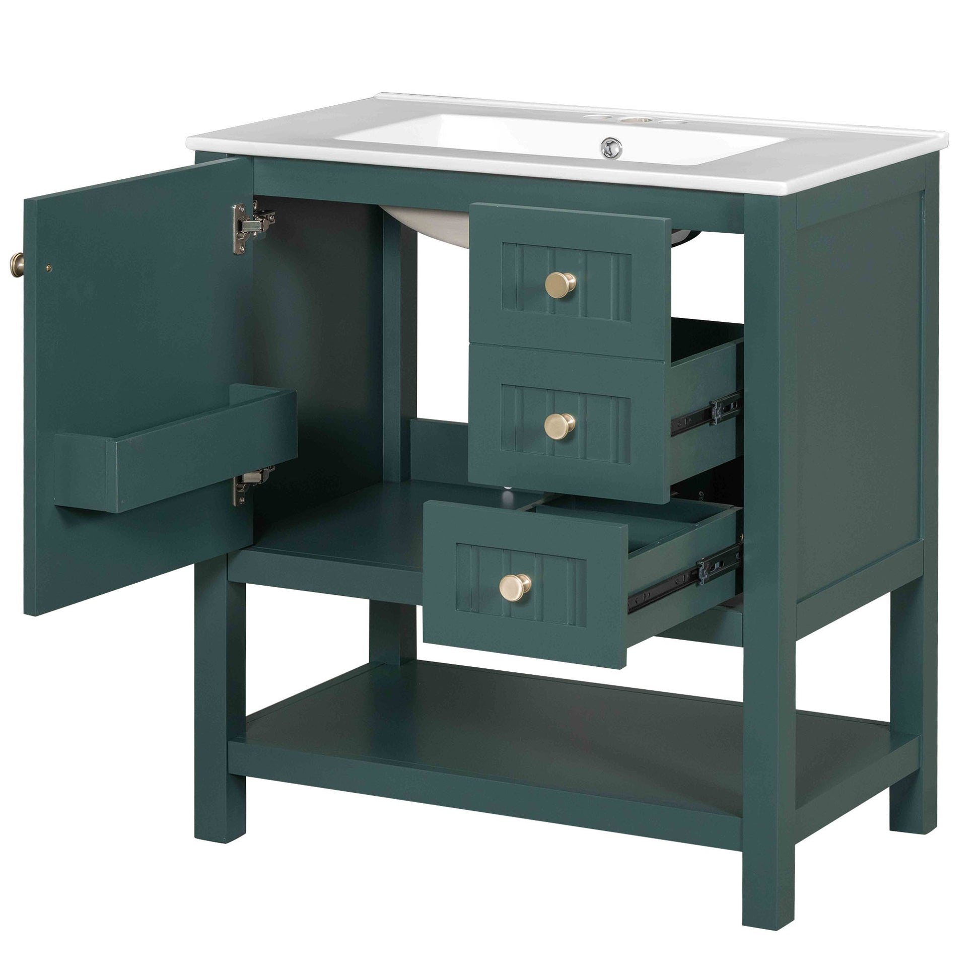 30Inch Transitional Style Bathroom Vanity Cabinet Combo With Ceramic Sink Green Bathroom Solid Wood Mdf