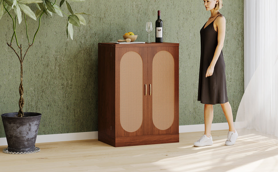 41.9" Home Bar Cabinet, Industrial Walnut Rattan Door Fold Out Bar Cabinet With Storage Bar Table Walnut Dining Room Modern Mdf
