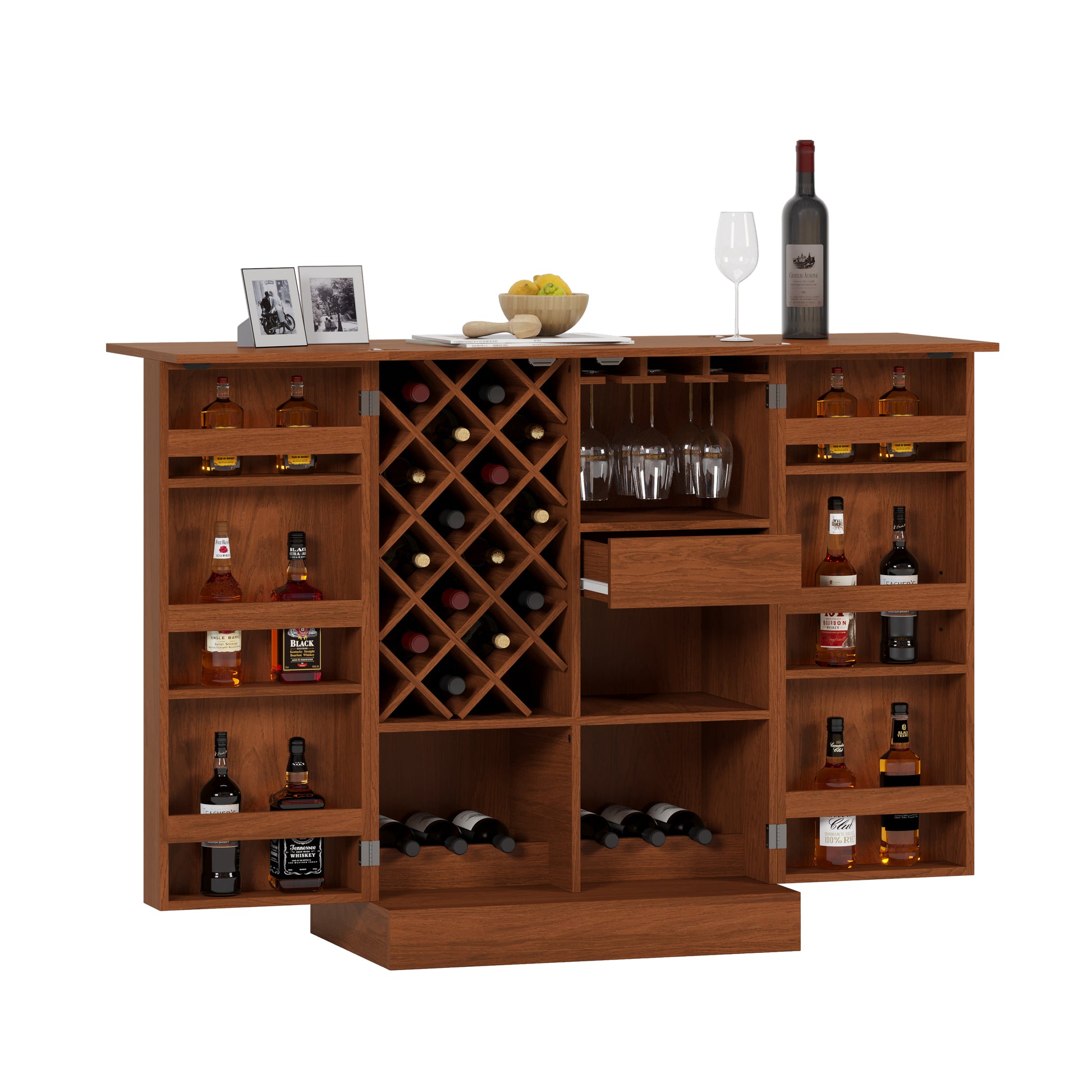 41.9" Home Bar Cabinet, Industrial Walnut Rattan Door Fold Out Bar Cabinet With Storage Bar Table Walnut Dining Room Modern Mdf