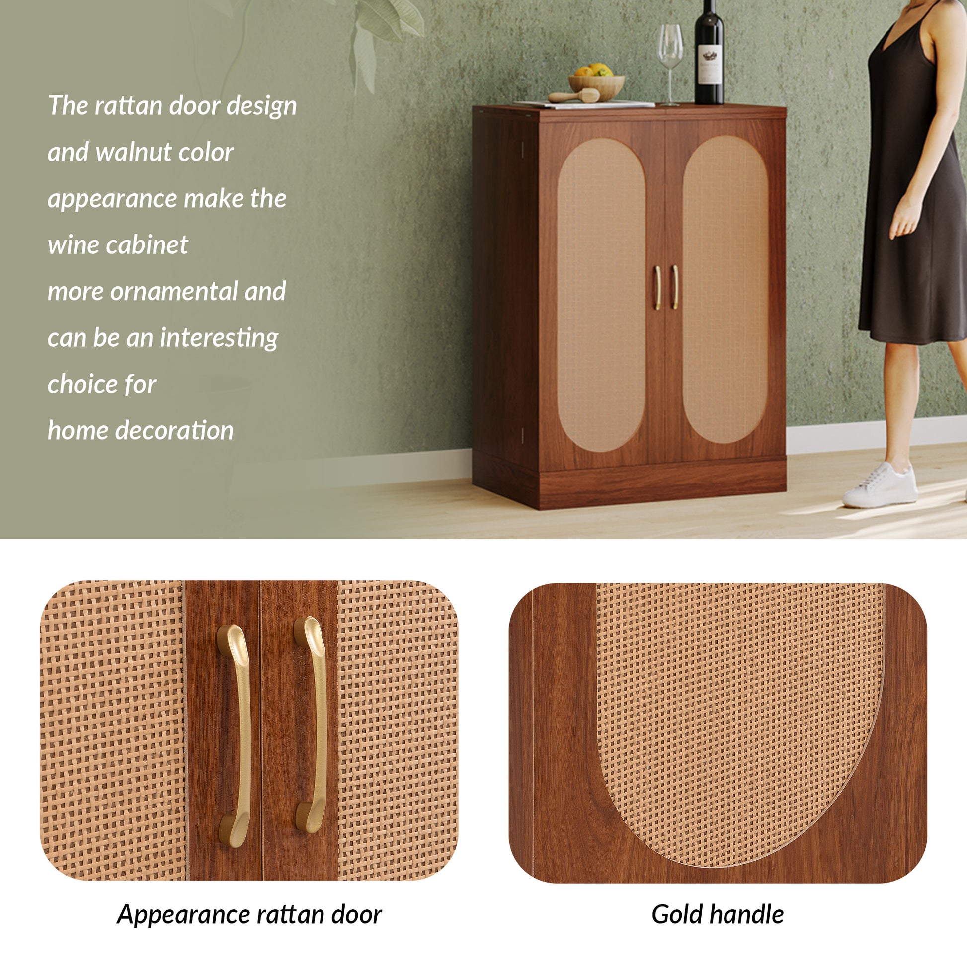 41.9" Home Bar Cabinet, Industrial Walnut Rattan Door Fold Out Bar Cabinet With Storage Bar Table Walnut Dining Room Modern Mdf