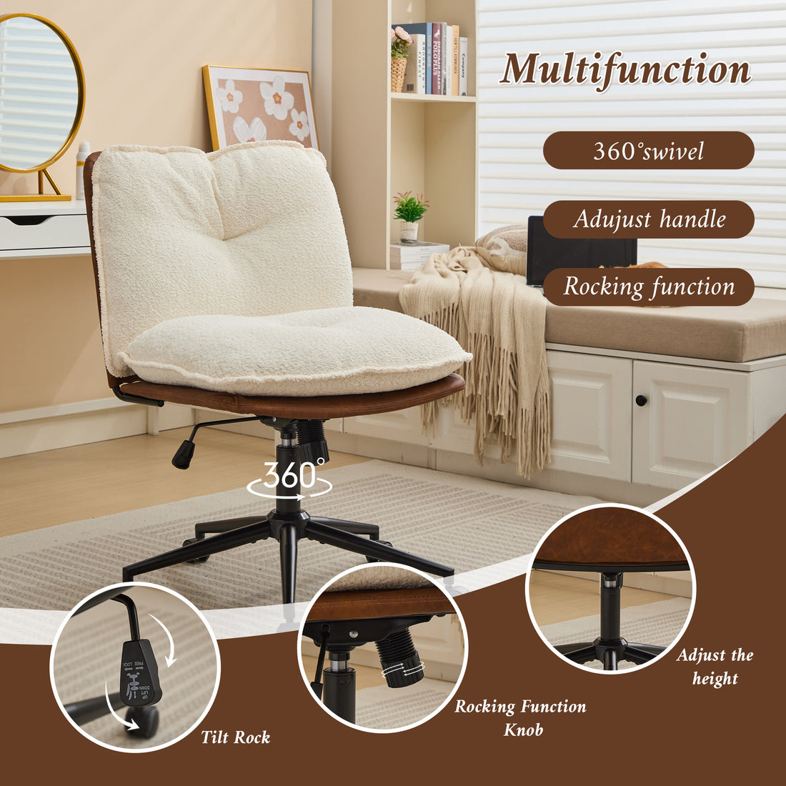 Oversize Seat Cirss Cross Chair With Wheels, Elegant Design Computer Chair, Adjustable Height 360 Rolling Swivel Home Office Chair For Small Space, Dressing Room, Living Room Brown White Dark Brown White Primary Living Space Casual Foam Pu Leather