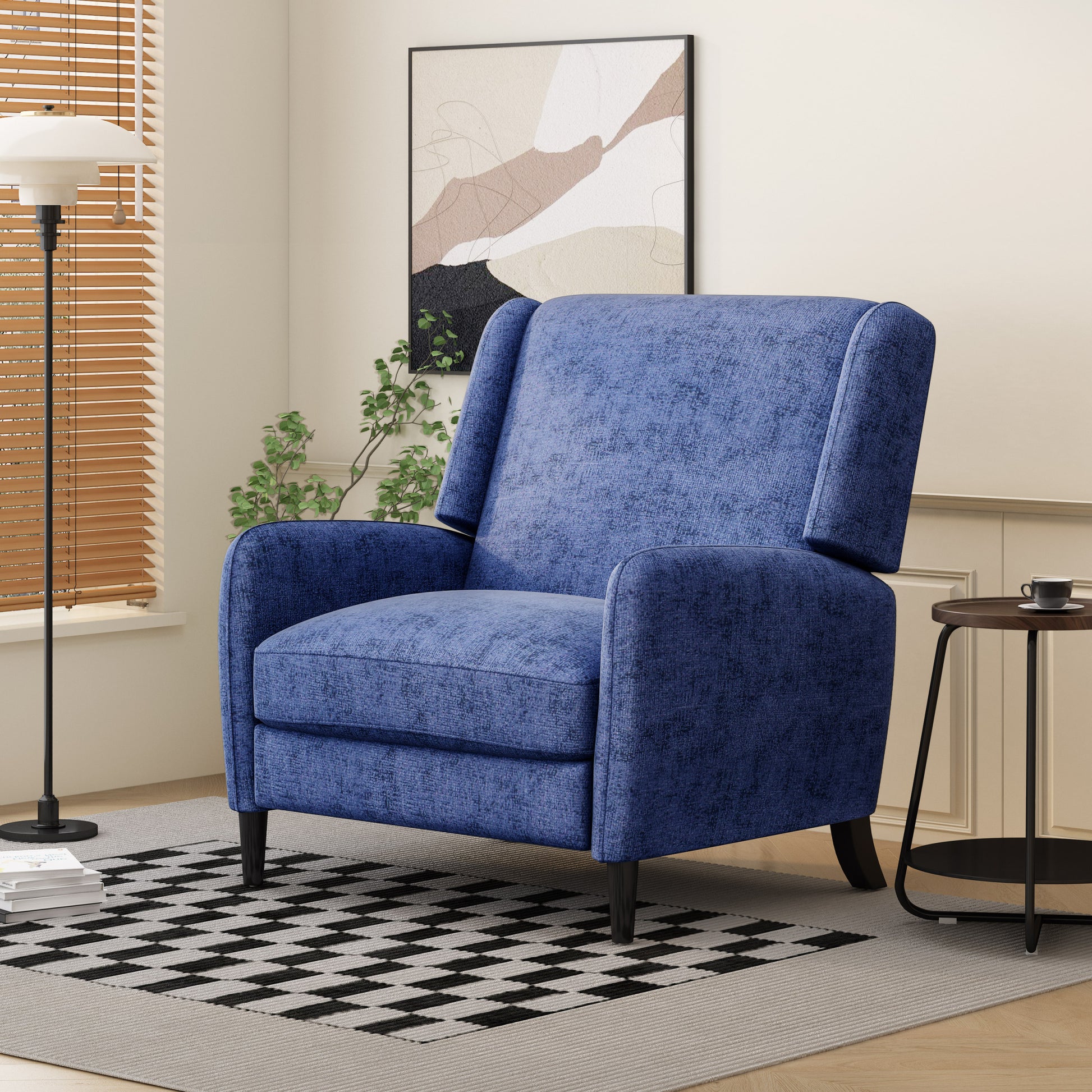 Oversized Textured Fabric Pushback Recliner, Navy Blue And Dark Brown Navy Blue Fabric