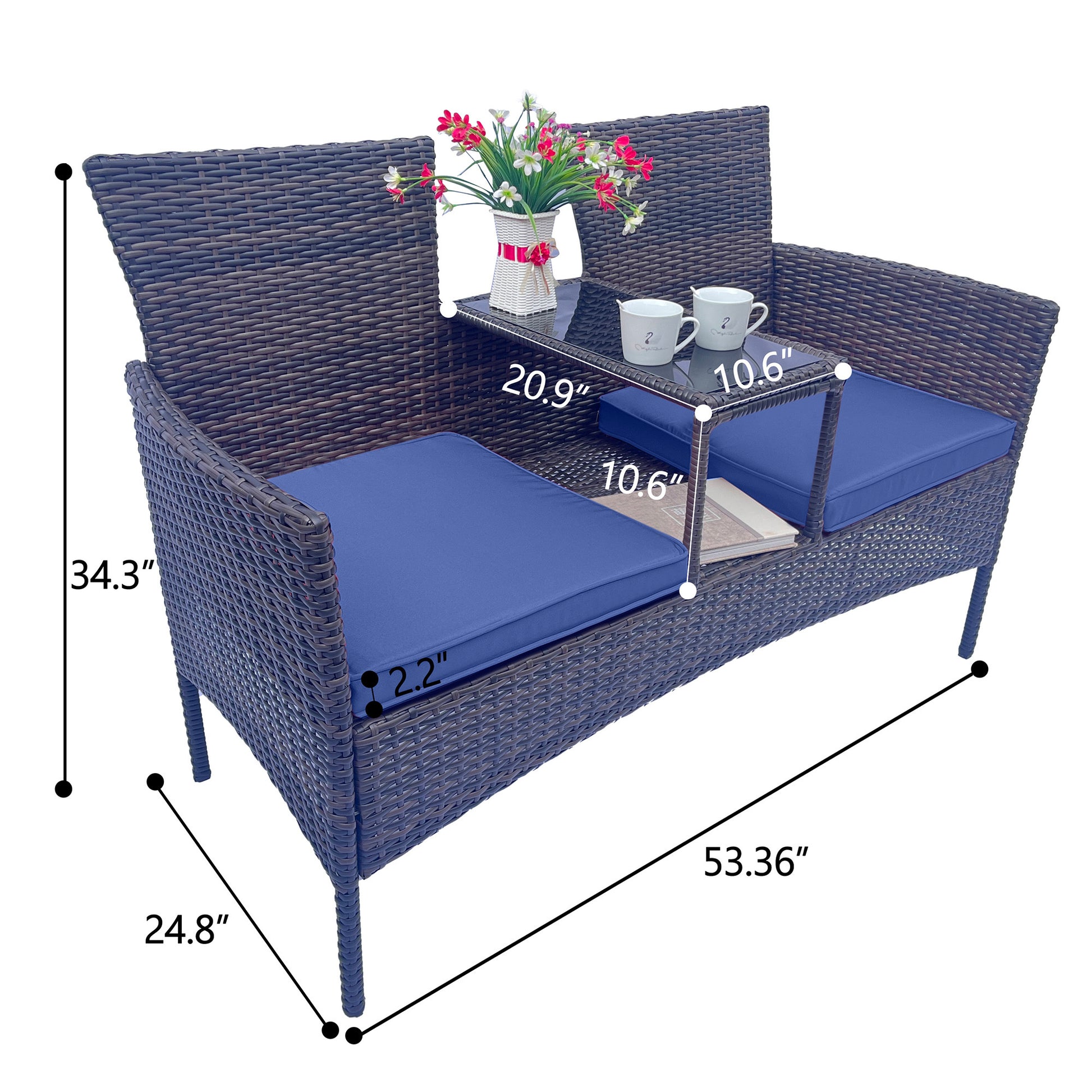 Wicker Patio Conversation Furniture Set, Outdoor Furniture Set With Removable Cushions & Table, Tempered Glass Top, Modern Rattan Bench For Garden Lawn Backyard Yes Complete Patio Set Blue Brown Weather Resistant Frame Water Resistant Cushion Garden &
