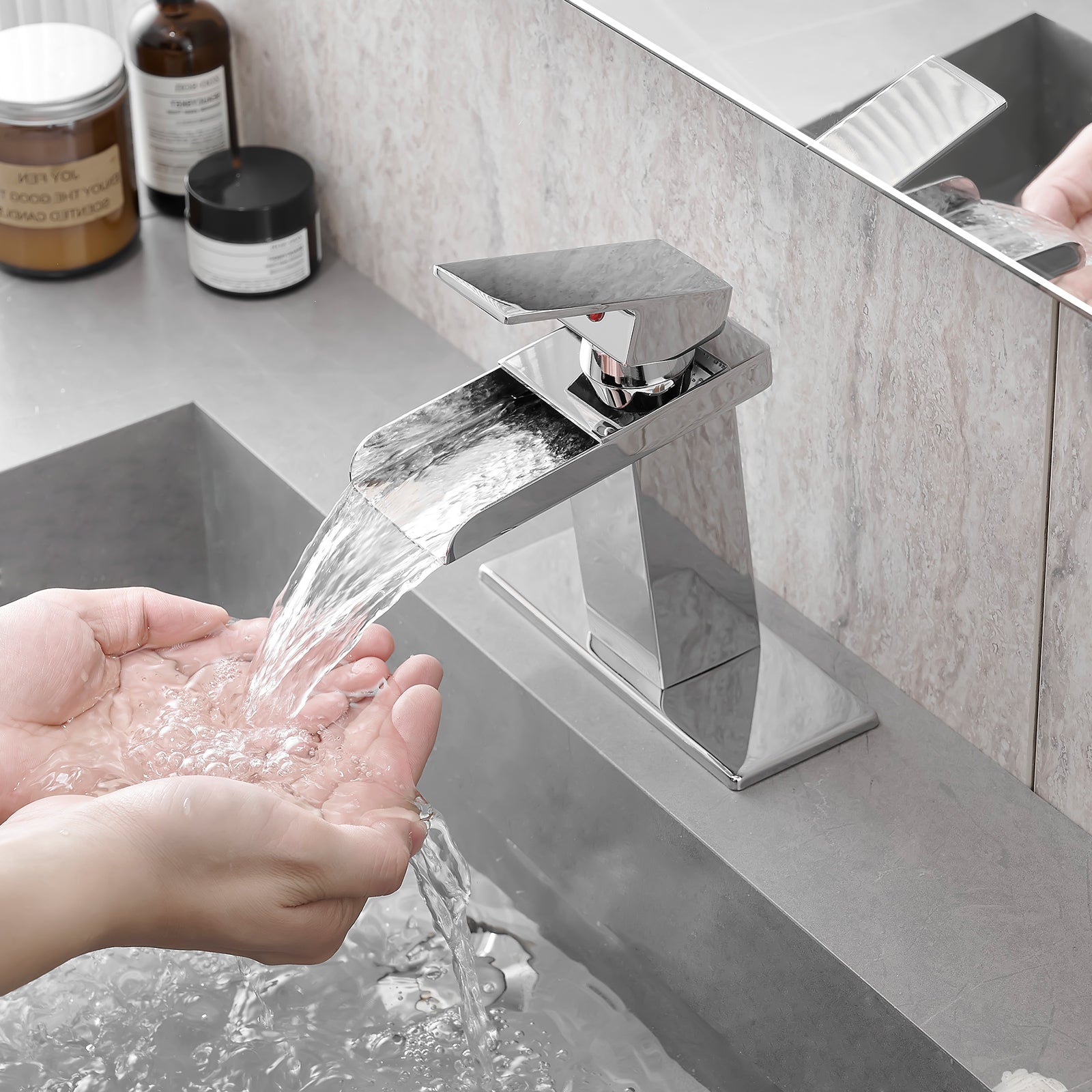 Sink Faucet With Deck Plate Waterfall Chrome Bathroom Faucets For Sink 1 Hole Or 3 Holes One Handle Faucets Bathroom Joystick Geometric One Chrome Side Sprayer Deck Mounted Cartridge Valve Single Hole Faucets Chrome Contemporary 1 Hole Faucets Ceramic