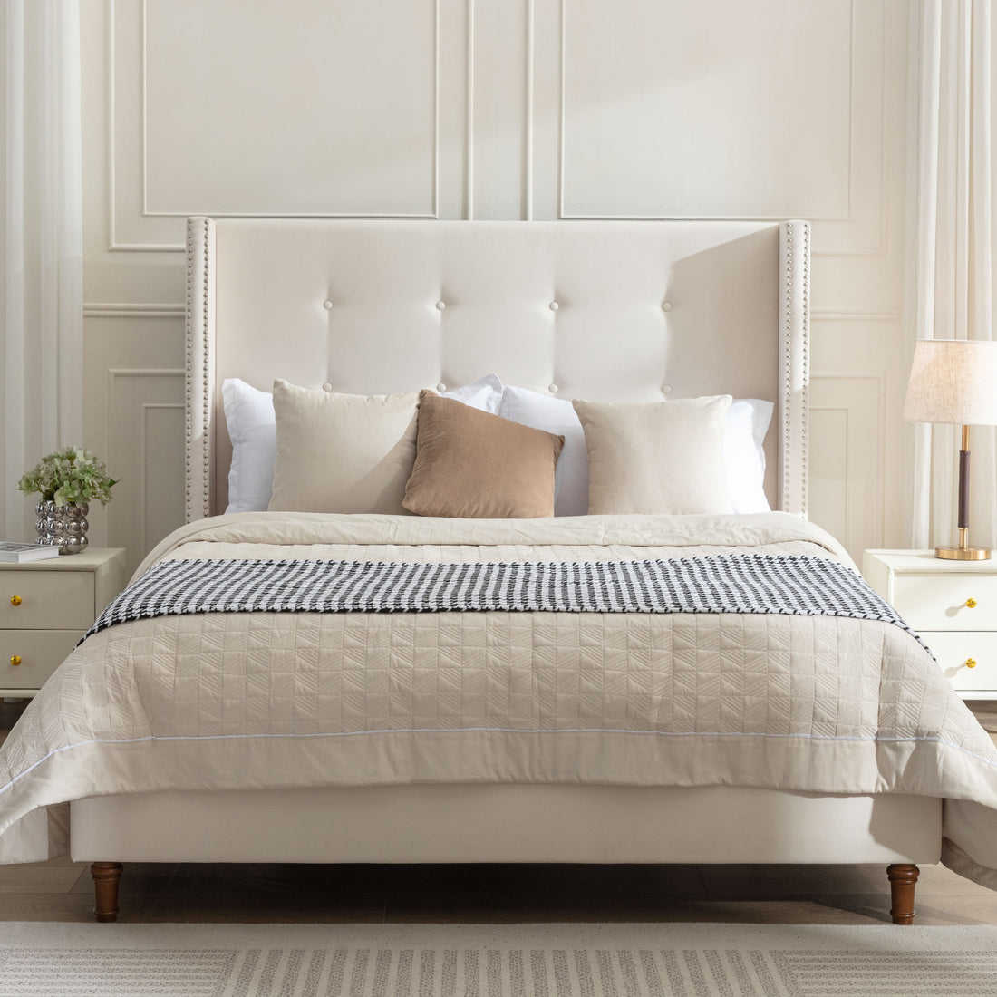 Peyton Upholstered King Bed 54" High Headboard Traditional Hand Buttoned Tufting Trim Wingback No Box Spring Needed Easy Assembly Ivory Velvet Box Spring Not Required King Ivory Brown Metal Bedroom Classic,European,Modern,Traditional Oak Bed Frame Foam