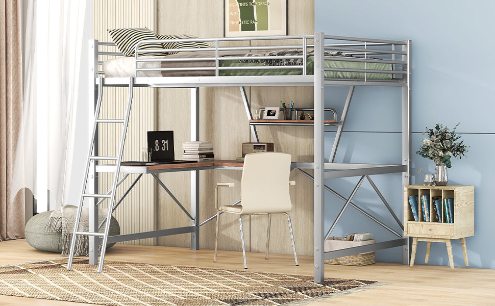 Full Size Loft Metal&Mdf Bed With Desk And Shelf, Silver Full Silver Metal