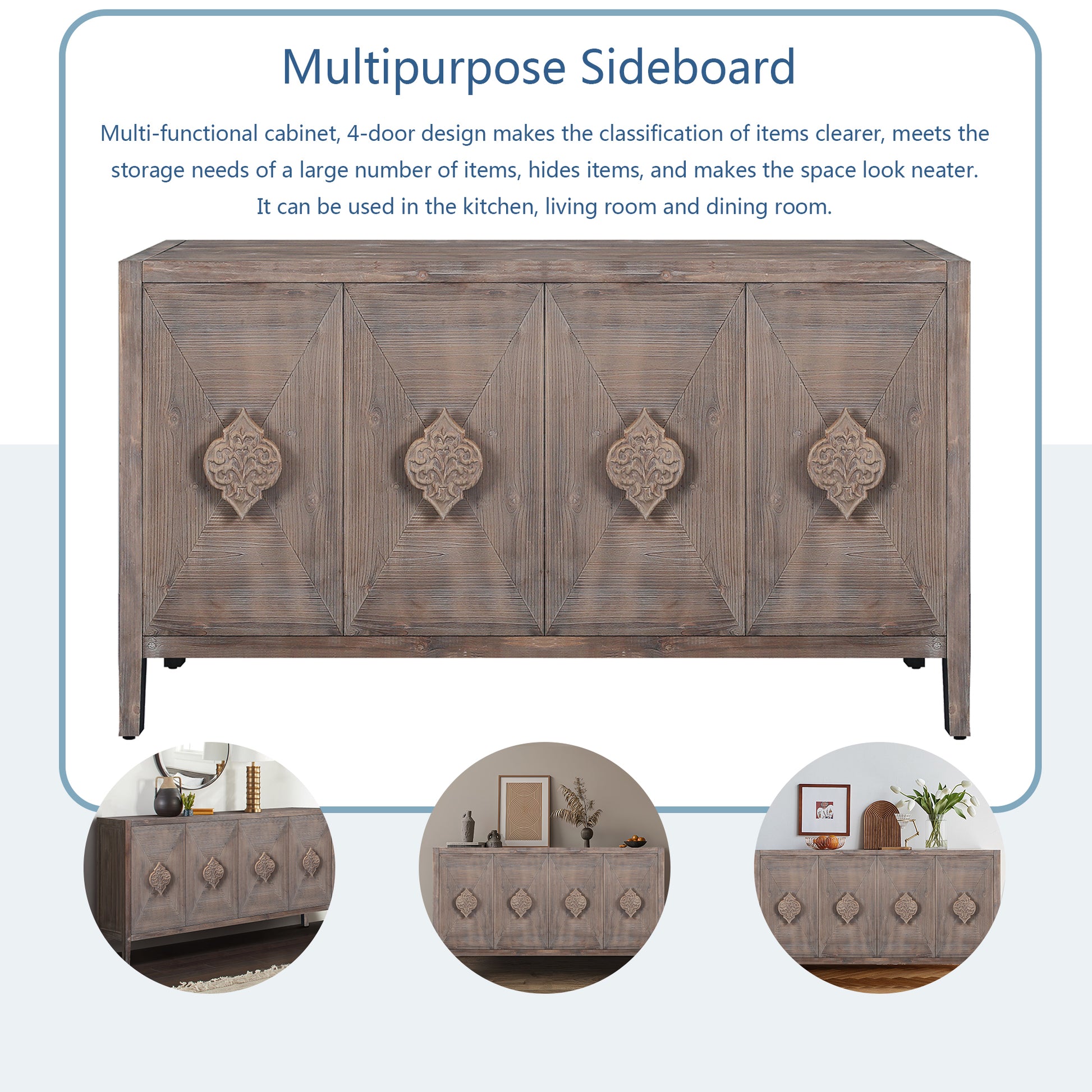 Carved Flower Door Handle, Antique Four Door Cabinet For Living Room Kitchen Hallway Brown Antique Brown Mdf