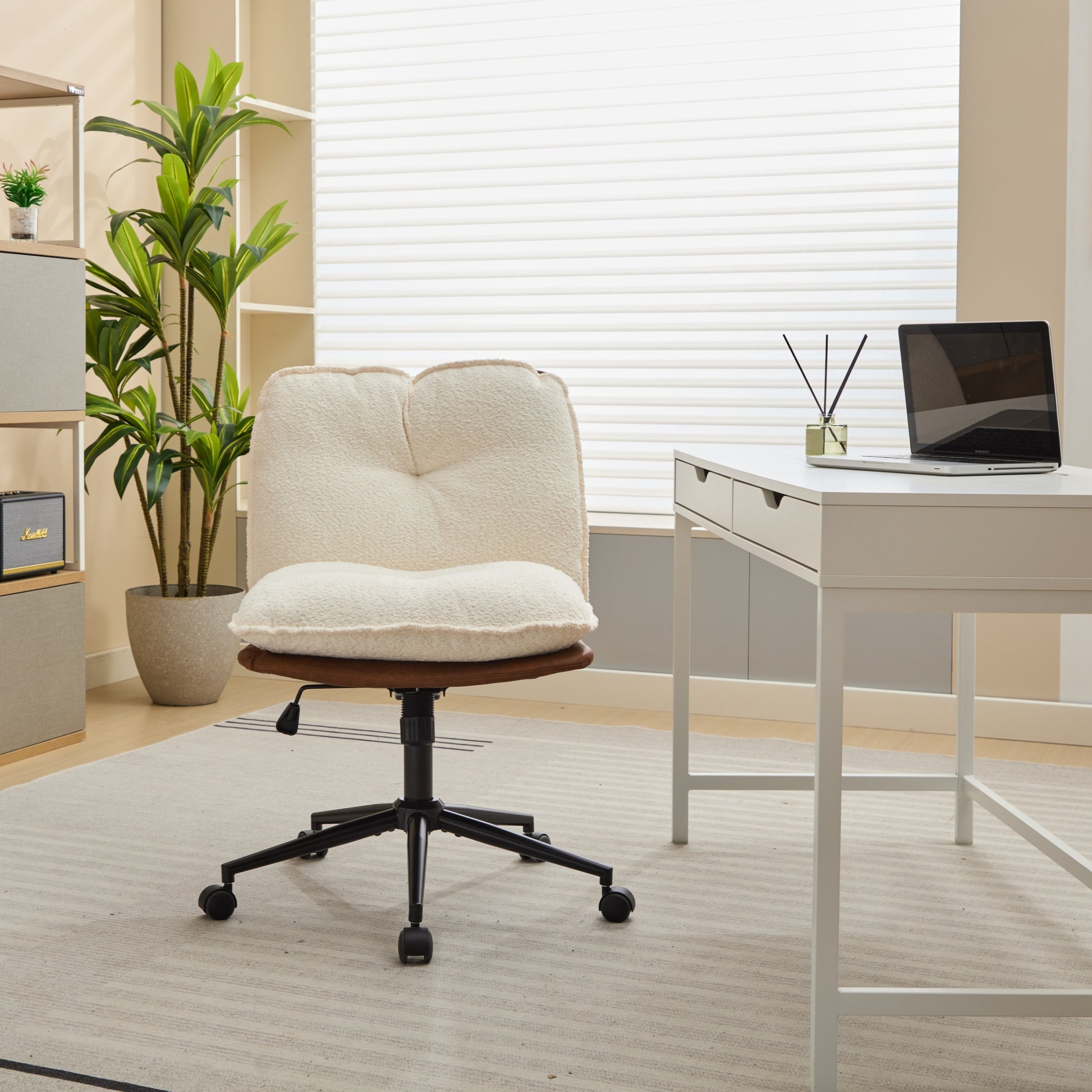 Oversize Seat Cirss Cross Chair With Wheels, Elegant Design Computer Chair, Adjustable Height 360 Rolling Swivel Home Office Chair For Small Space, Dressing Room, Living Room Brown White Dark Brown White Primary Living Space Casual Foam Pu Leather